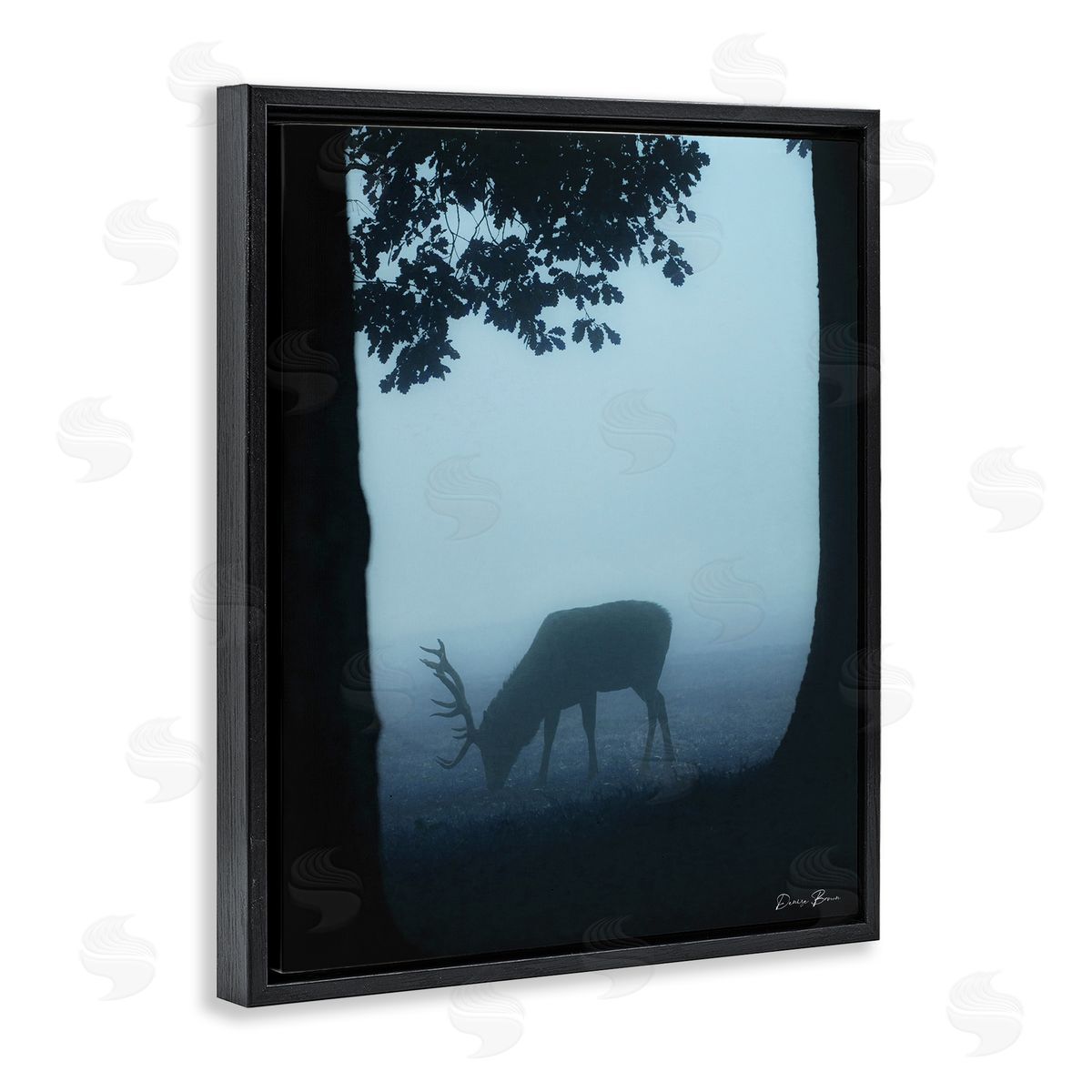 Denise Brown Deer Silhouette Between Trees Foggy Forest Wildlife Black Floating Frame Canvas Wall Art Print
