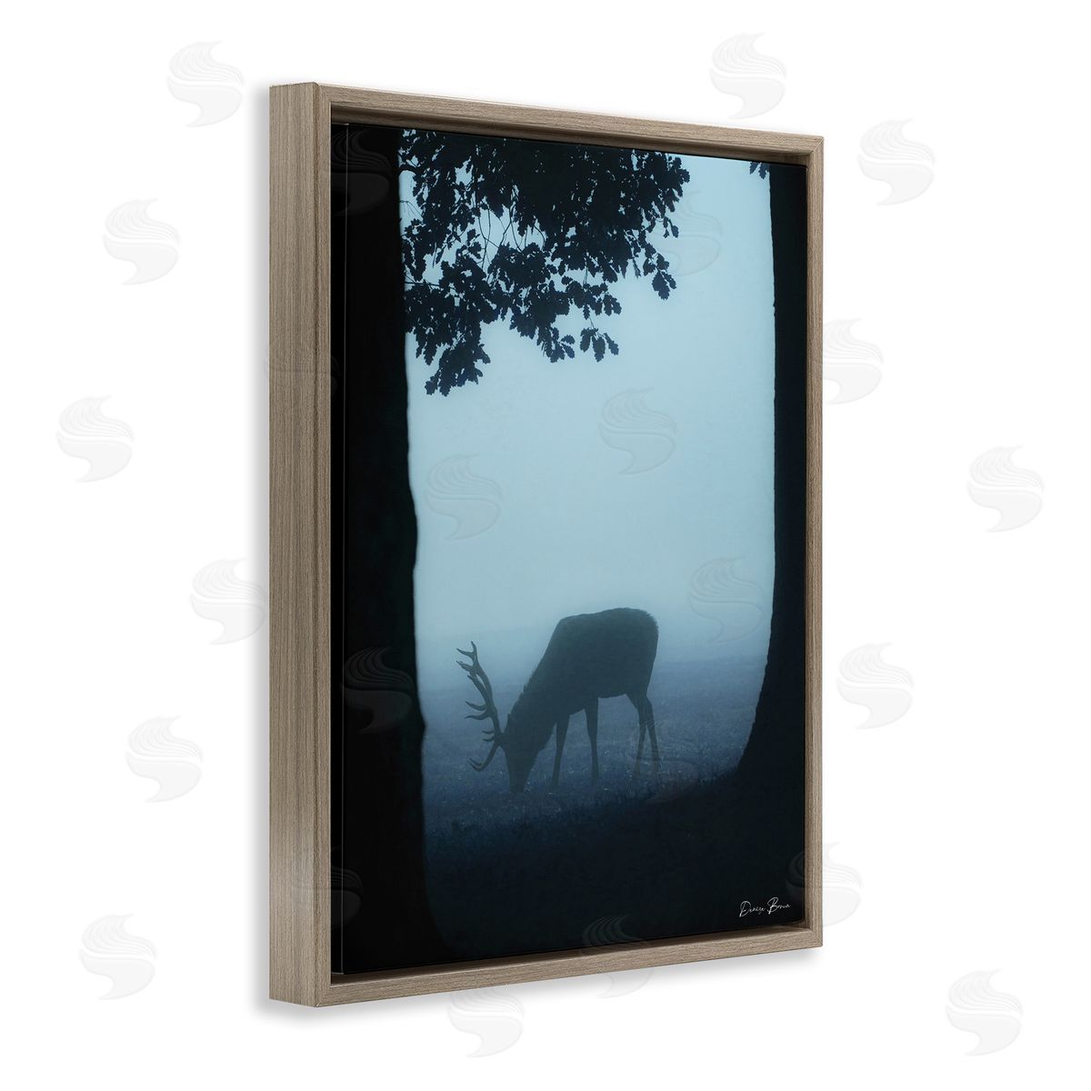 Denise Brown Deer Silhouette Between Trees Foggy Forest Wildlife Brown Floating Frame Canvas Wall Art Print