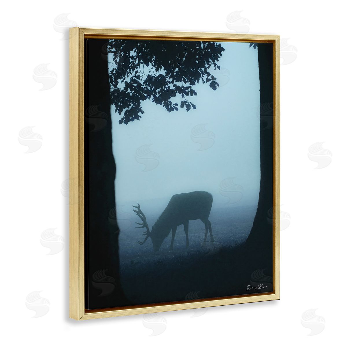 Denise Brown Deer Silhouette Between Trees Foggy Forest Wildlife Gold Floating Frame Canvas Wall Art Print