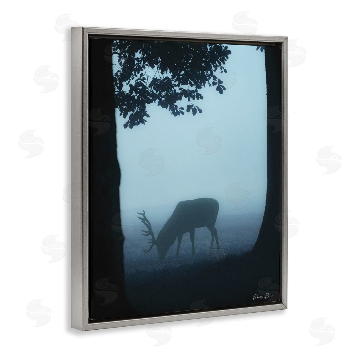 Denise Brown Deer Silhouette Between Trees Foggy Forest Wildlife Gray Floating Frame Canvas Wall Art Print