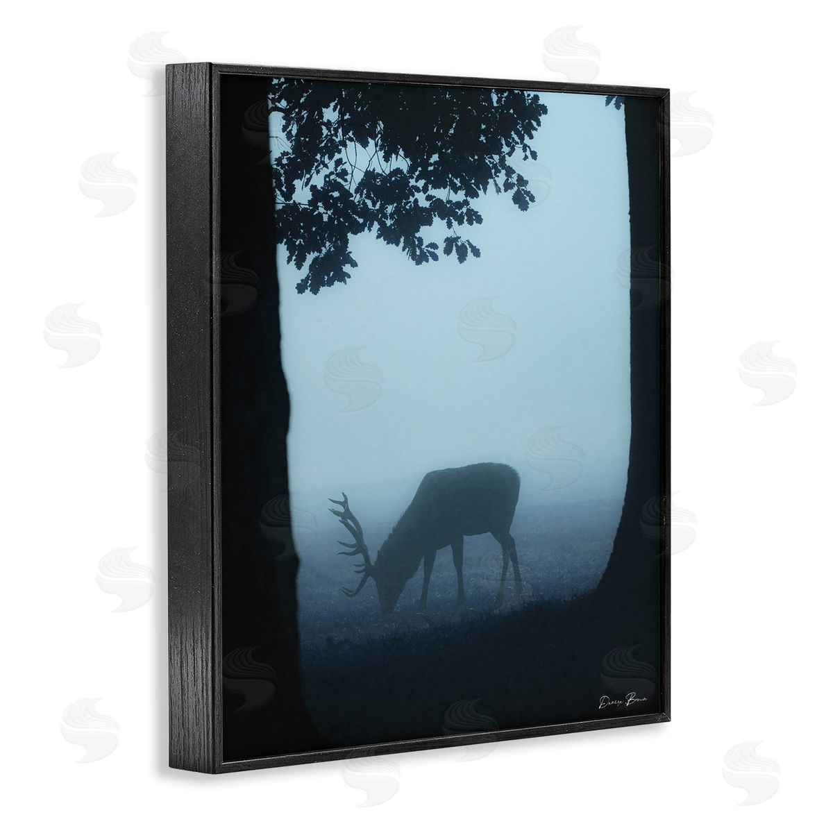 Denise Brown Deer Silhouette Between Trees Foggy Forest Wildlife Black Framed Giclee Wall Art Print
