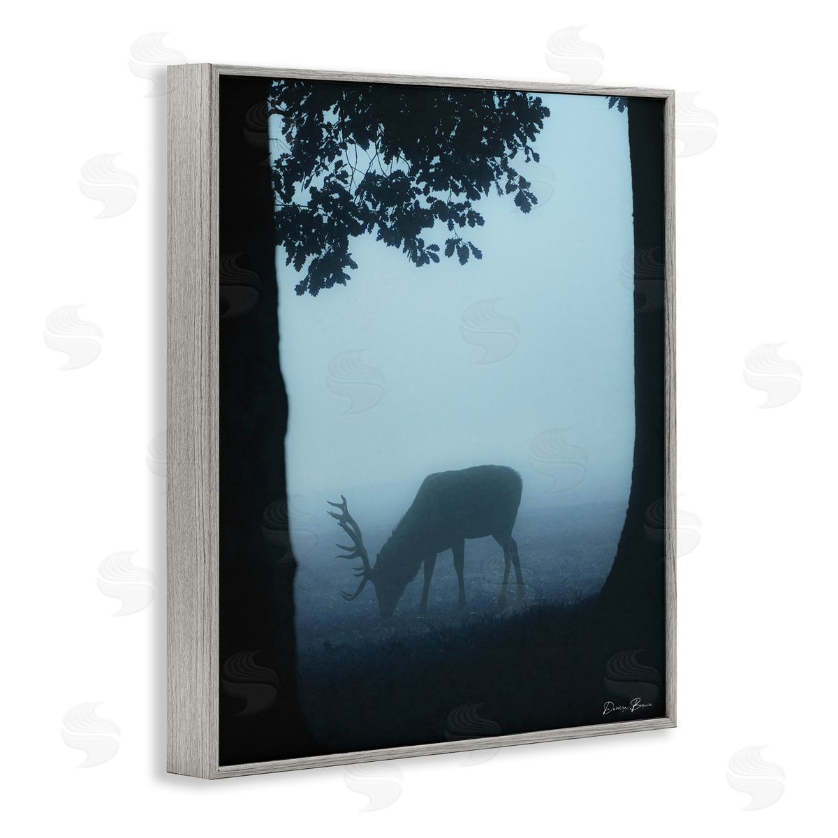 Denise Brown Deer Silhouette Between Trees Foggy Forest Wildlife Gray Framed Giclee Wall Art Print