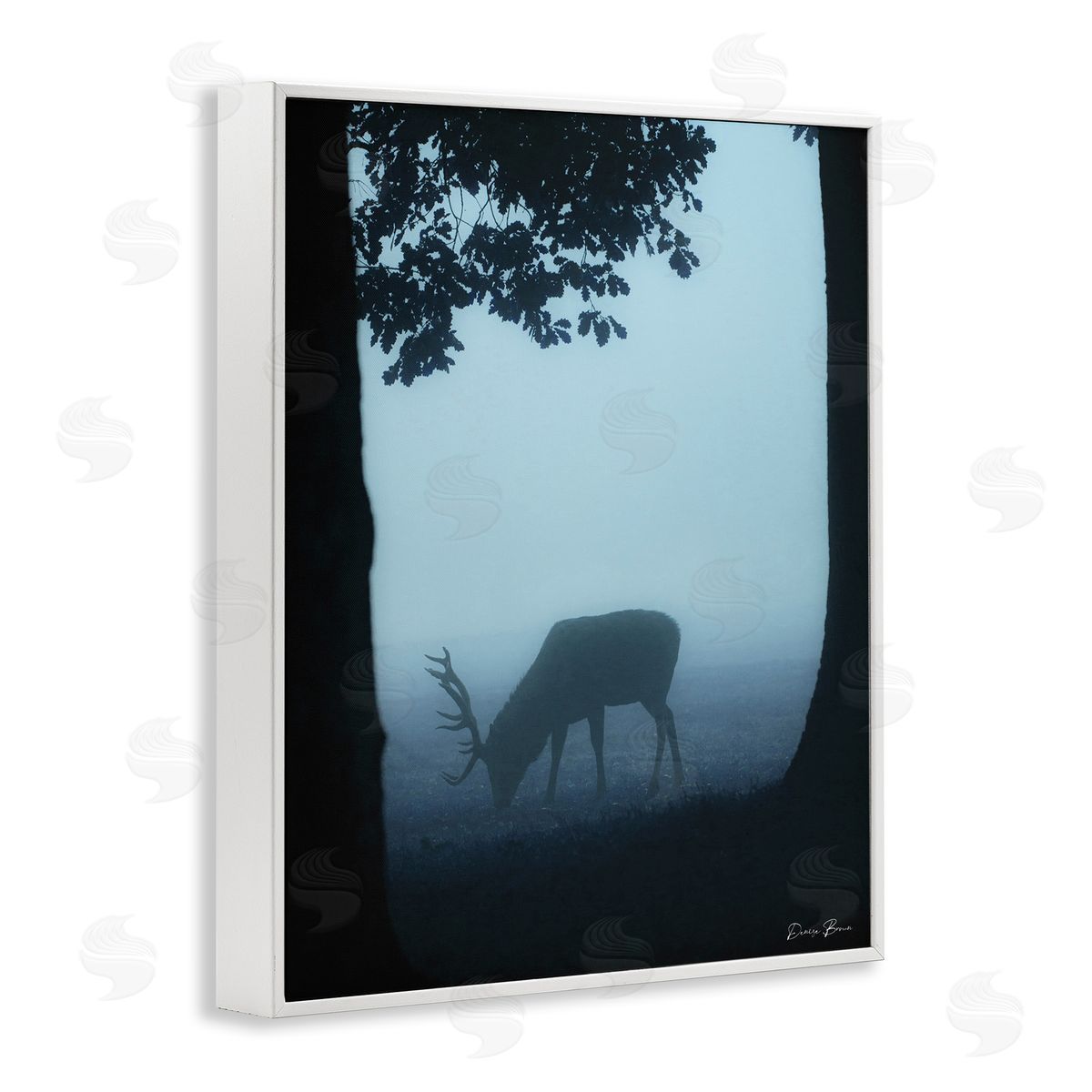 Denise Brown Deer Silhouette Between Trees Foggy Forest Wildlife White Framed Giclee Wall Art Print