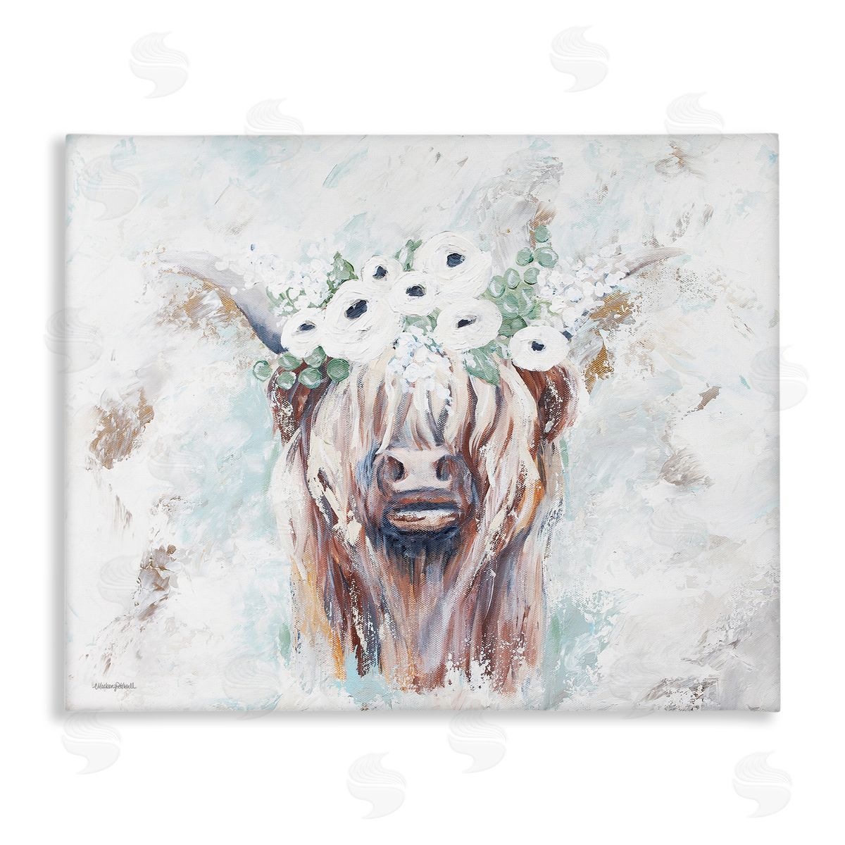Mackenzie Kissell Rustic Country Longhorn Cattle Flecked Flower Blossoms Stretched Canvas Wall Art Print