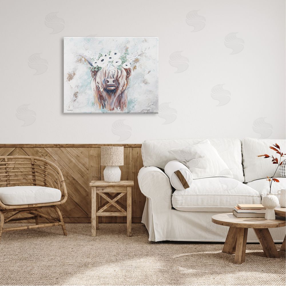 Mackenzie Kissell Rustic Country Longhorn Cattle Flecked Flower Blossoms Canvas Wall Art Print in Room