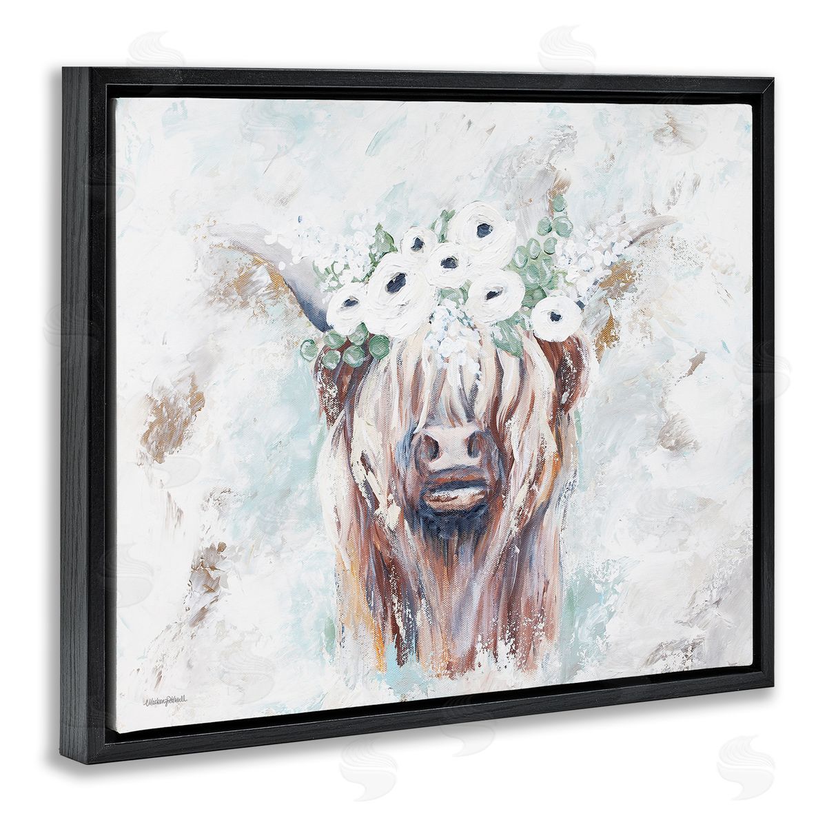 Mackenzie Kissell Rustic Country Longhorn Cattle Flecked Flower Blossoms Black Floating Frame Canvas Wall Art Print