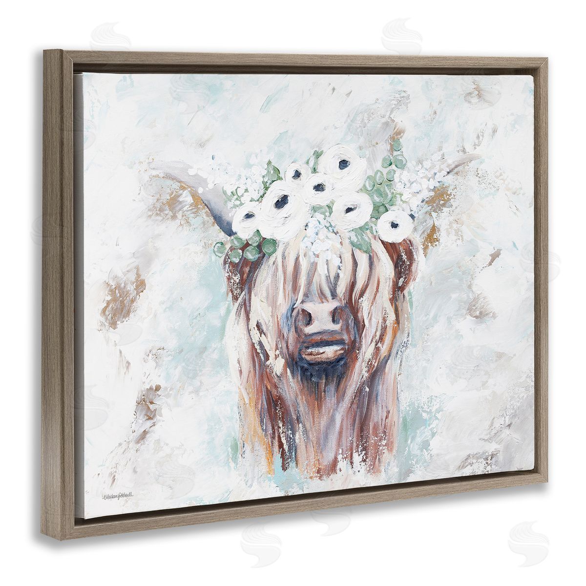 Mackenzie Kissell Rustic Country Longhorn Cattle Flecked Flower Blossoms Brown Floating Frame Canvas Wall Art Print