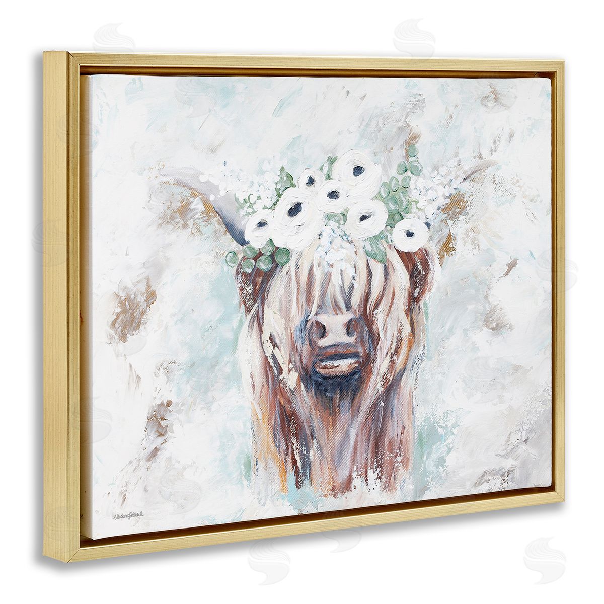 Mackenzie Kissell Rustic Country Longhorn Cattle Flecked Flower Blossoms Gold Floating Frame Canvas Wall Art Print
