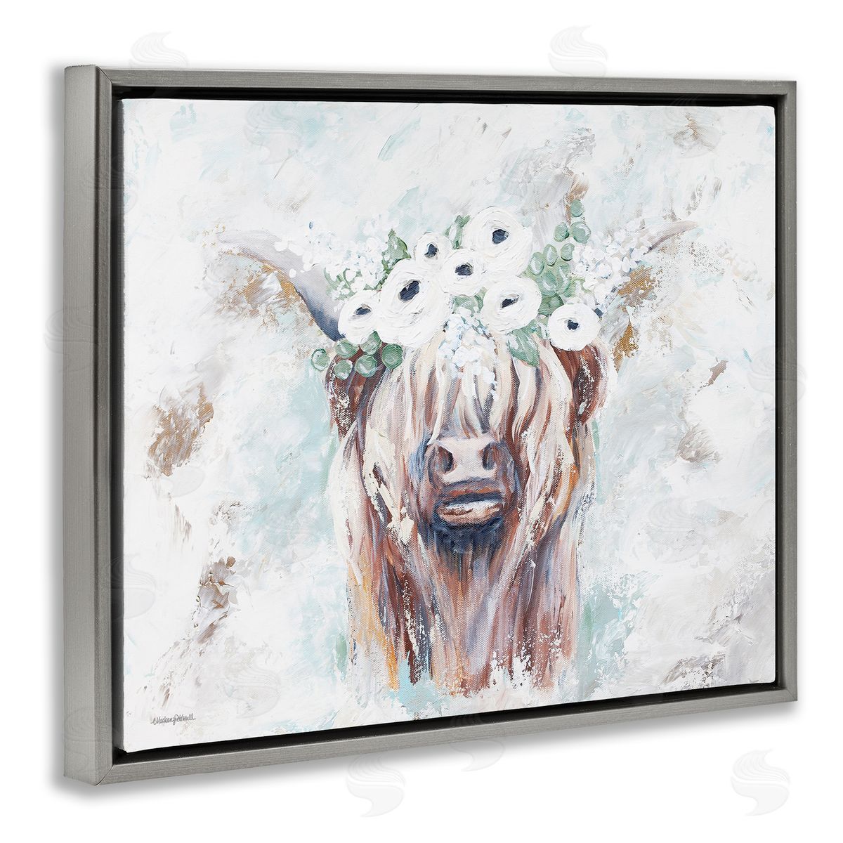 Mackenzie Kissell Rustic Country Longhorn Cattle Flecked Flower Blossoms Gray Floating Frame Canvas Wall Art Print