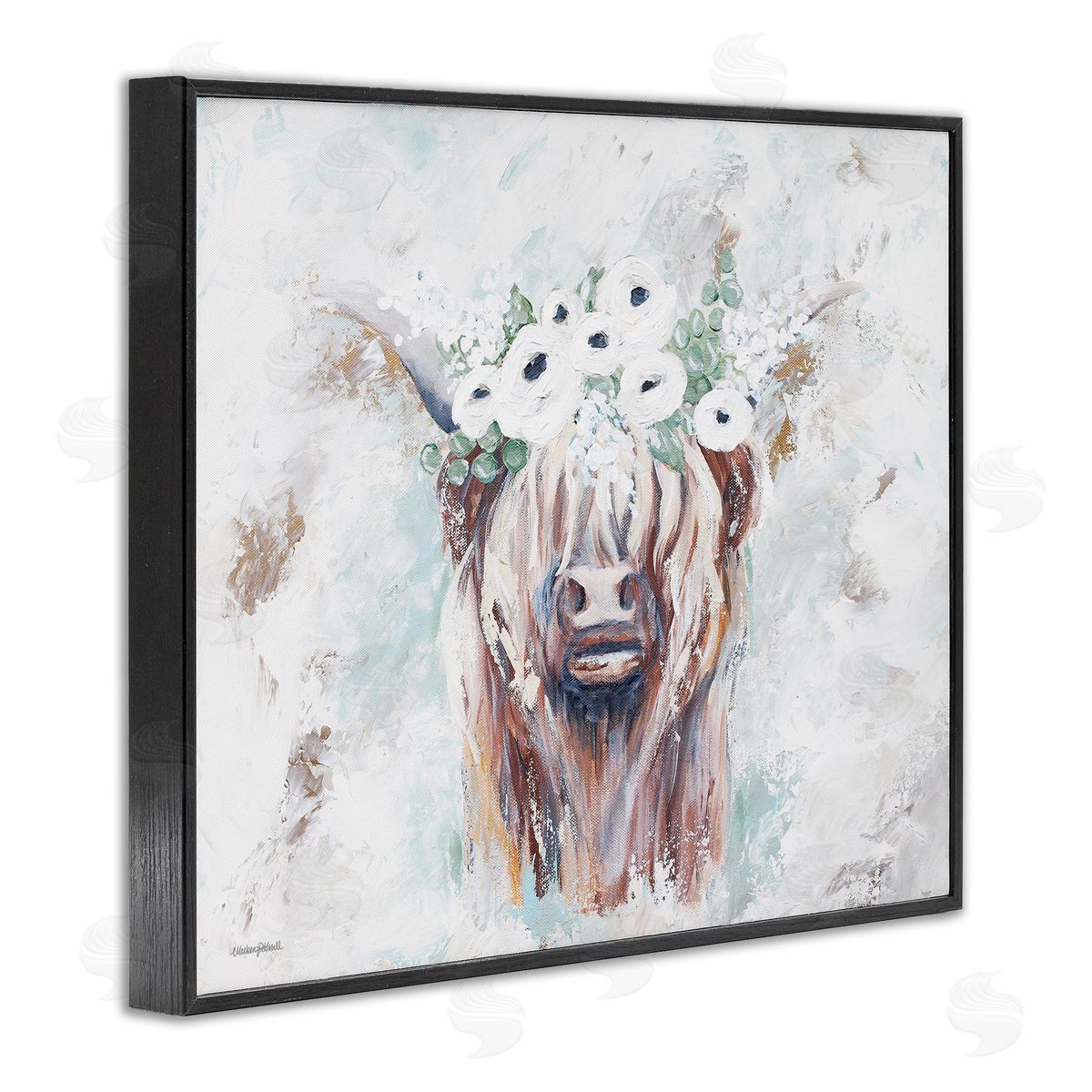 Mackenzie Kissell Rustic Country Longhorn Cattle Flecked Flower Blossoms Black Framed Giclee Wall Art Print