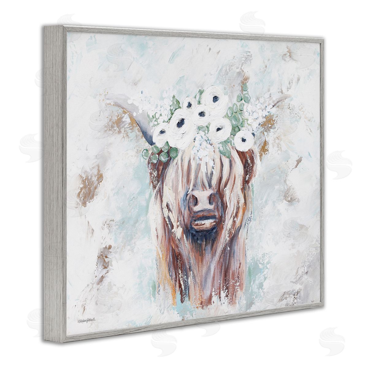 Mackenzie Kissell Rustic Country Longhorn Cattle Flecked Flower Blossoms Gray Framed Giclee Wall Art Print