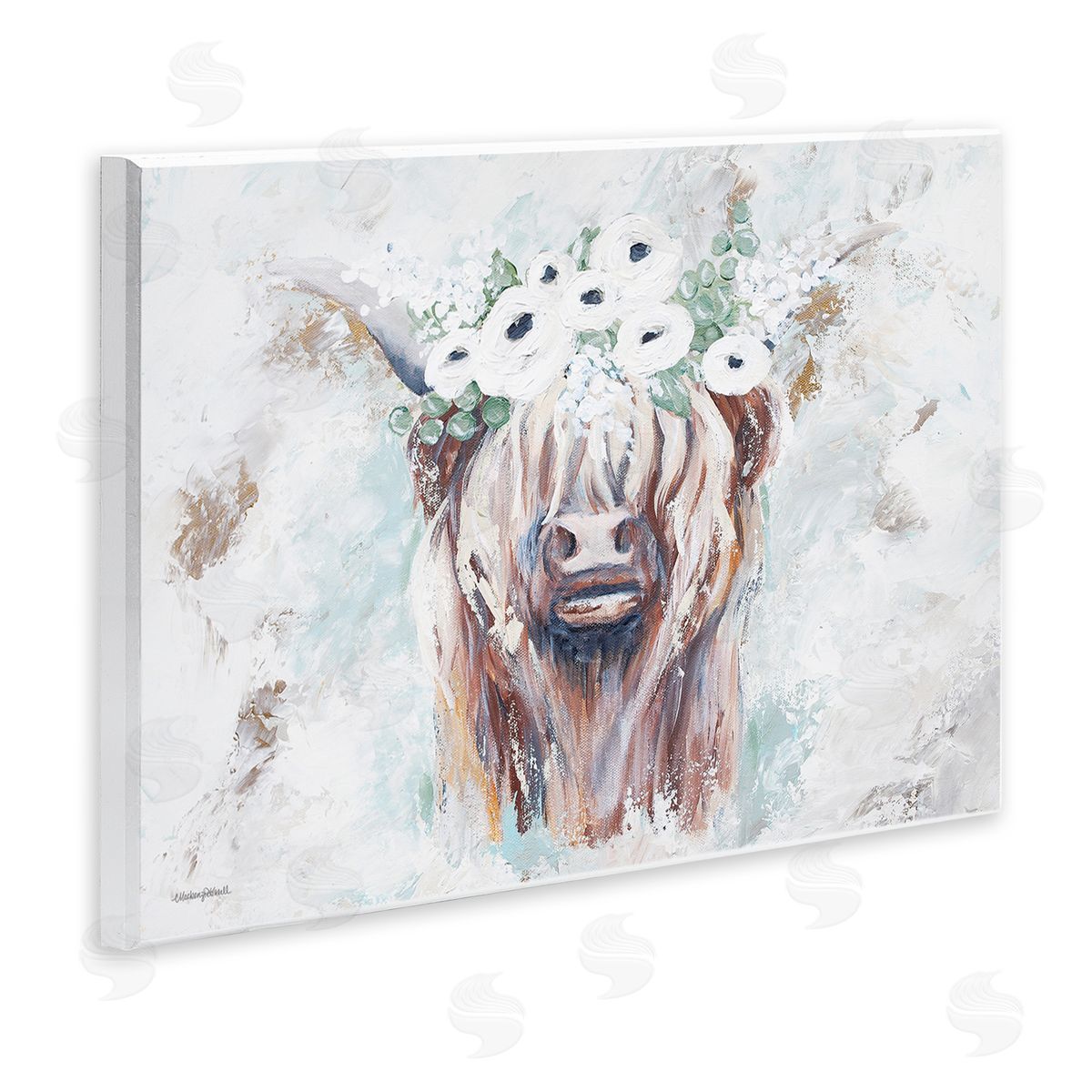 Mackenzie Kissell Rustic Country Longhorn Cattle Flecked Flower Blossoms Wall Plaque Art Print