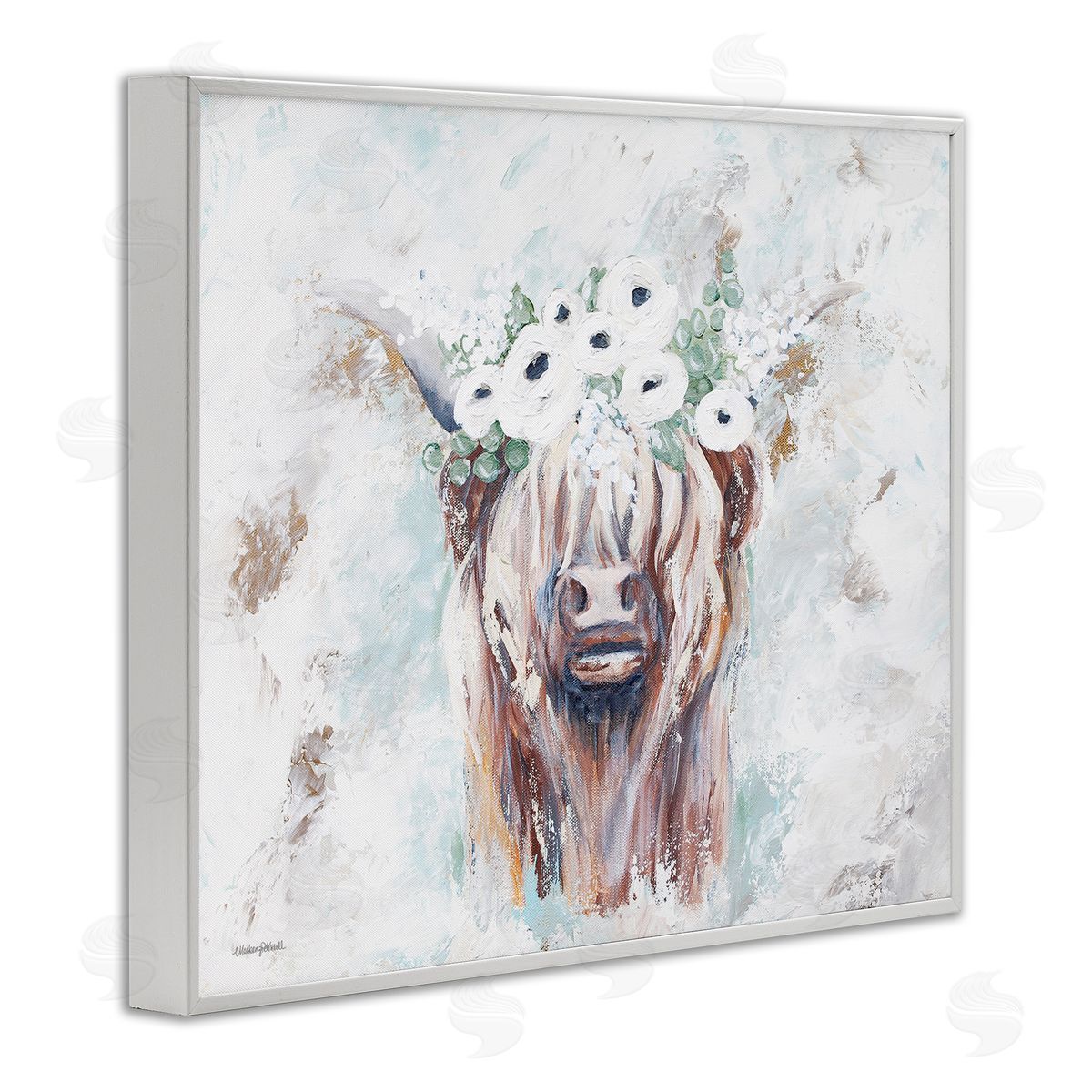 Mackenzie Kissell Rustic Country Longhorn Cattle Flecked Flower Blossoms White Framed Giclee Wall Art Print