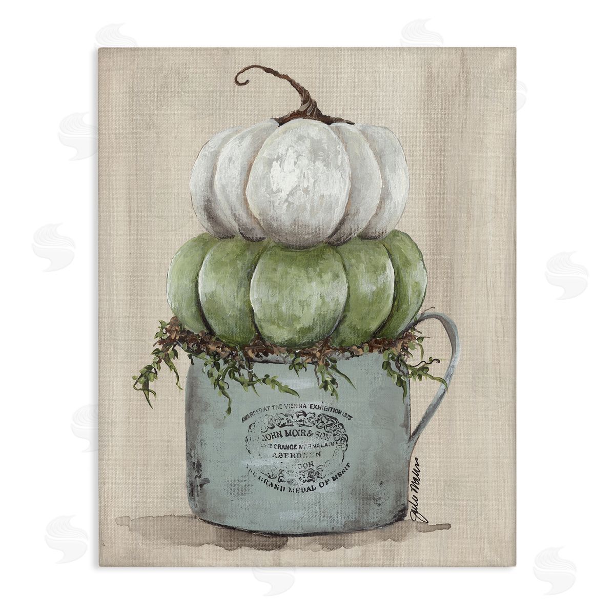 Julie Norkus Green White Harvest Pumpkins Country Jar Planter  Stretched Canvas Wall Art Print
