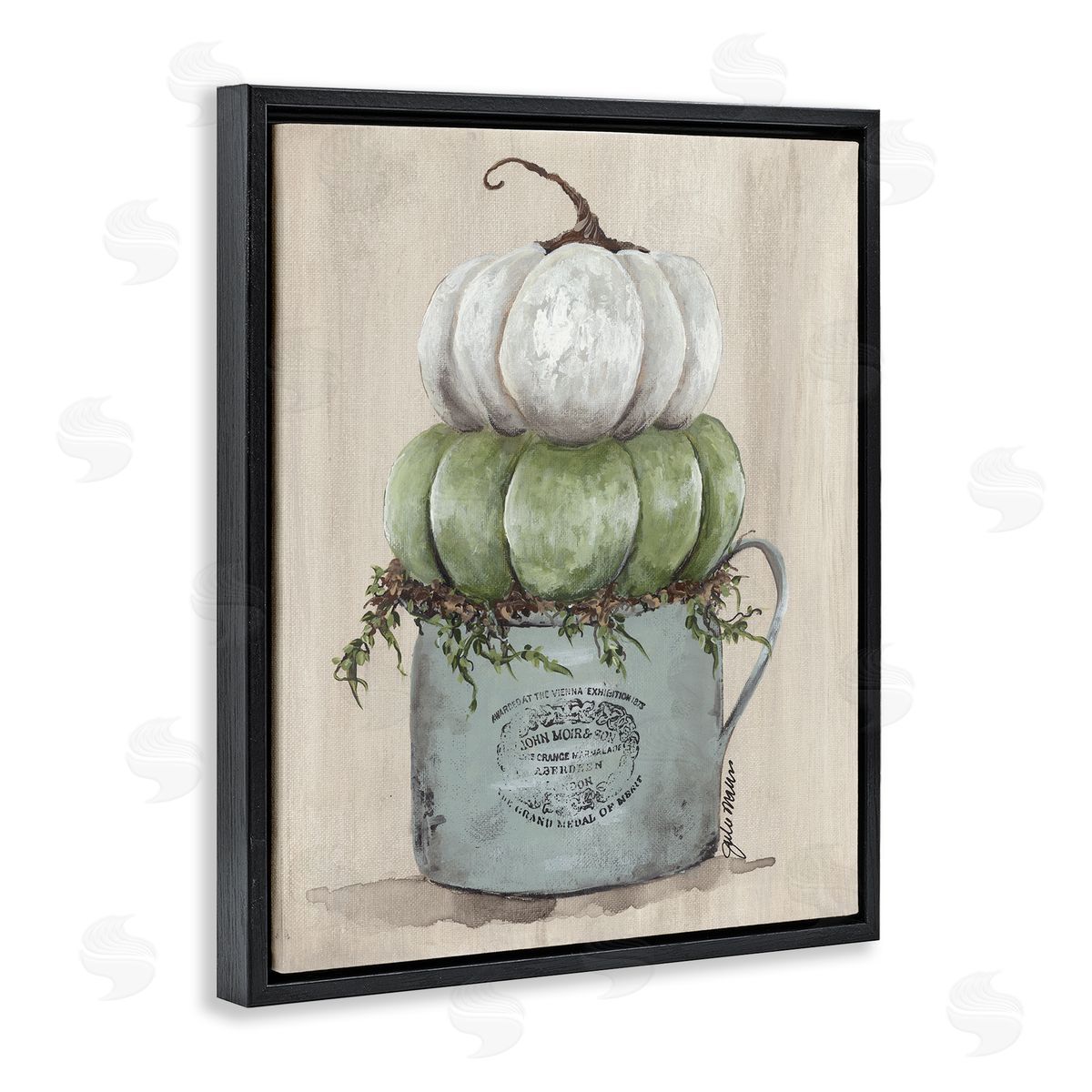 Julie Norkus Green White Harvest Pumpkins Country Jar Planter  Black Floating Frame Canvas Wall Art Print