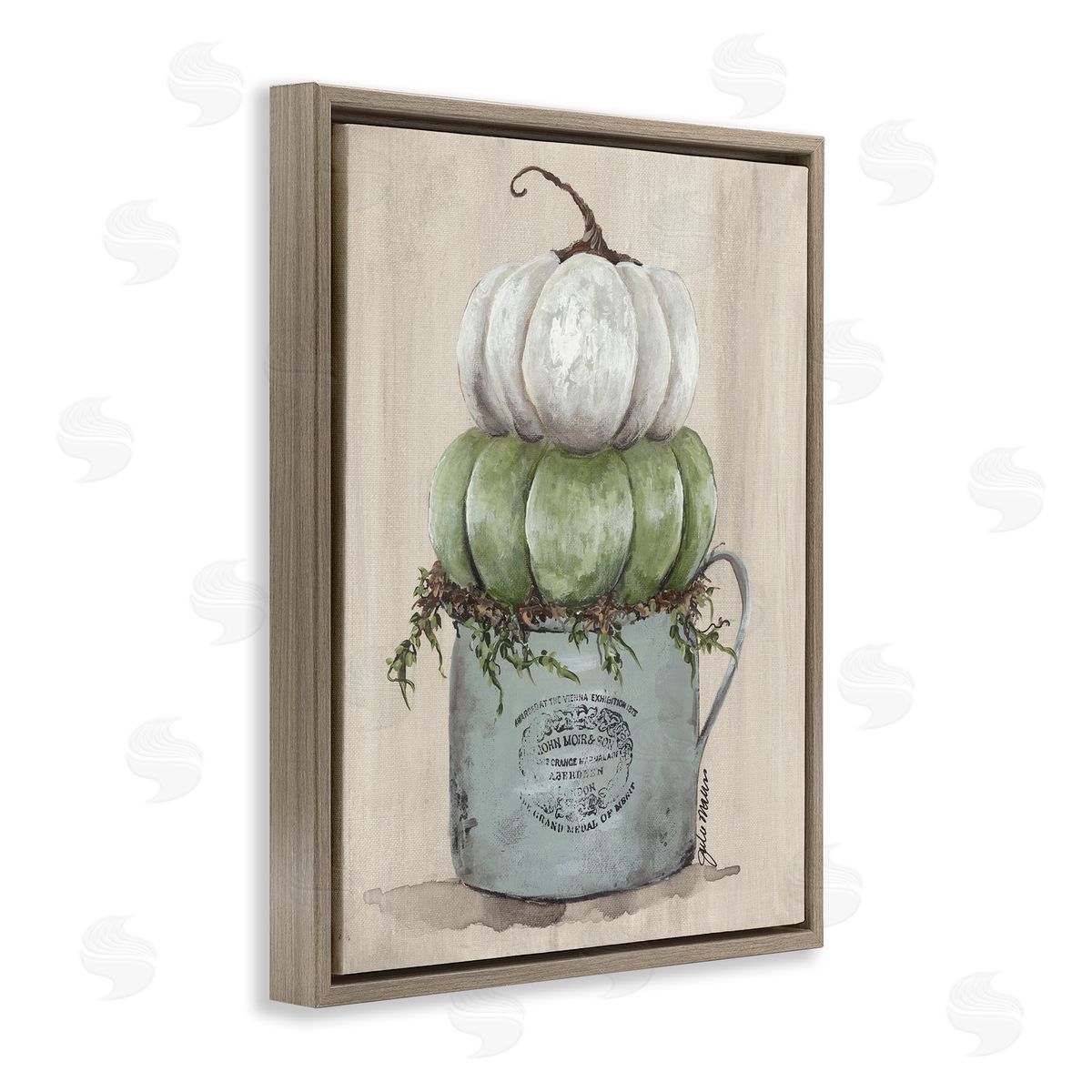 Julie Norkus Green White Harvest Pumpkins Country Jar Planter  Brown Floating Frame Canvas Wall Art Print