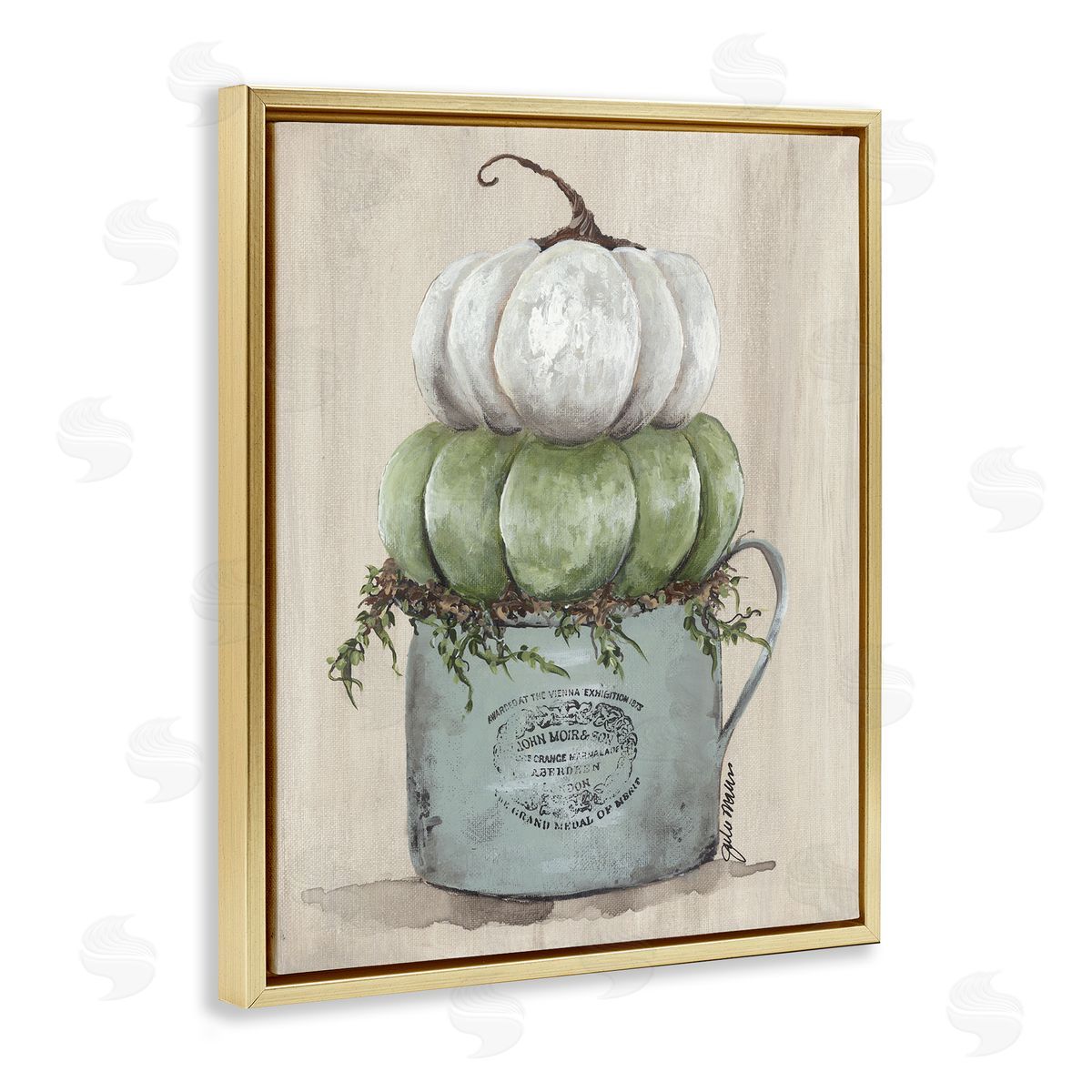 Julie Norkus Green White Harvest Pumpkins Country Jar Planter  Gold Floating Frame Canvas Wall Art Print