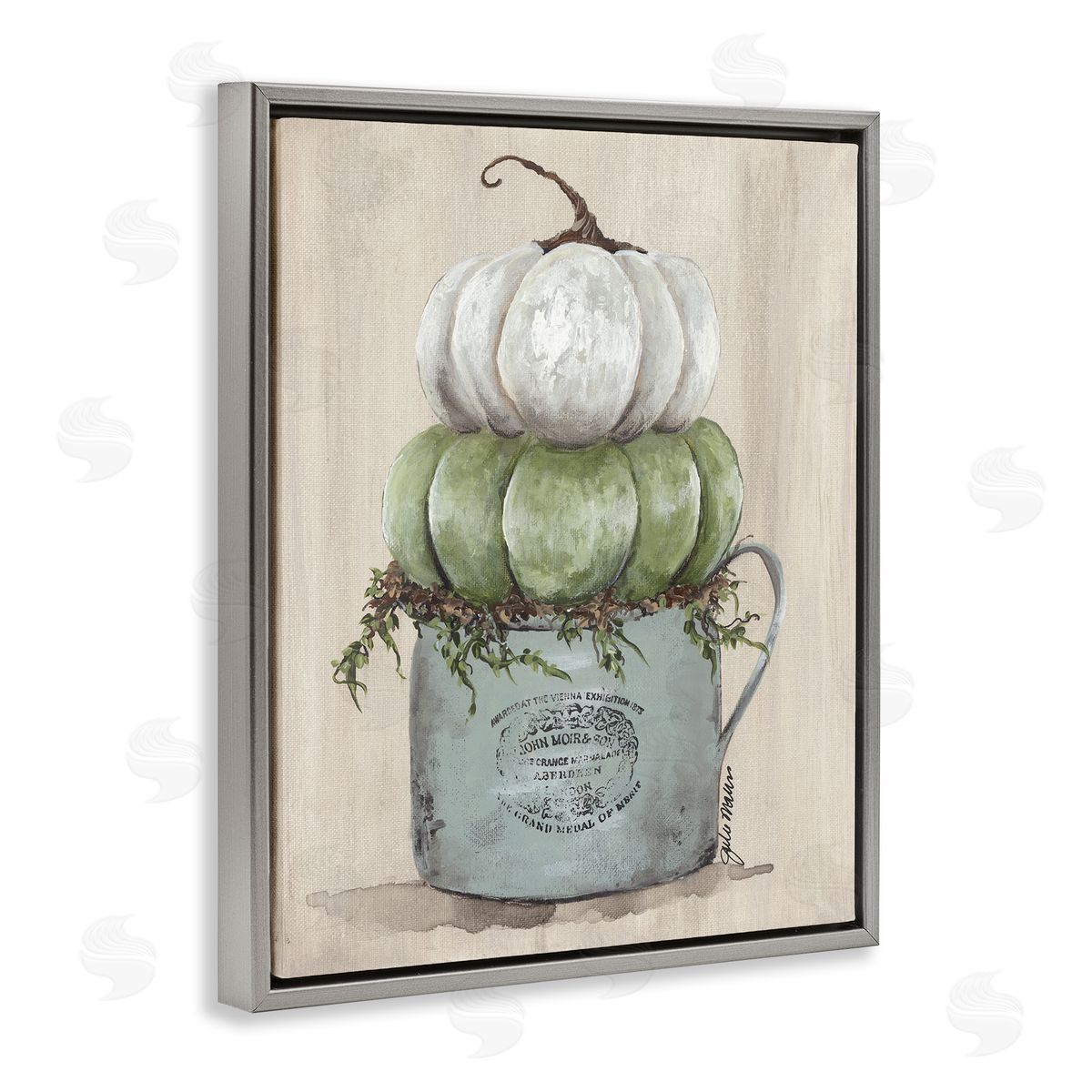Julie Norkus Green White Harvest Pumpkins Country Jar Planter  Gray Floating Frame Canvas Wall Art Print