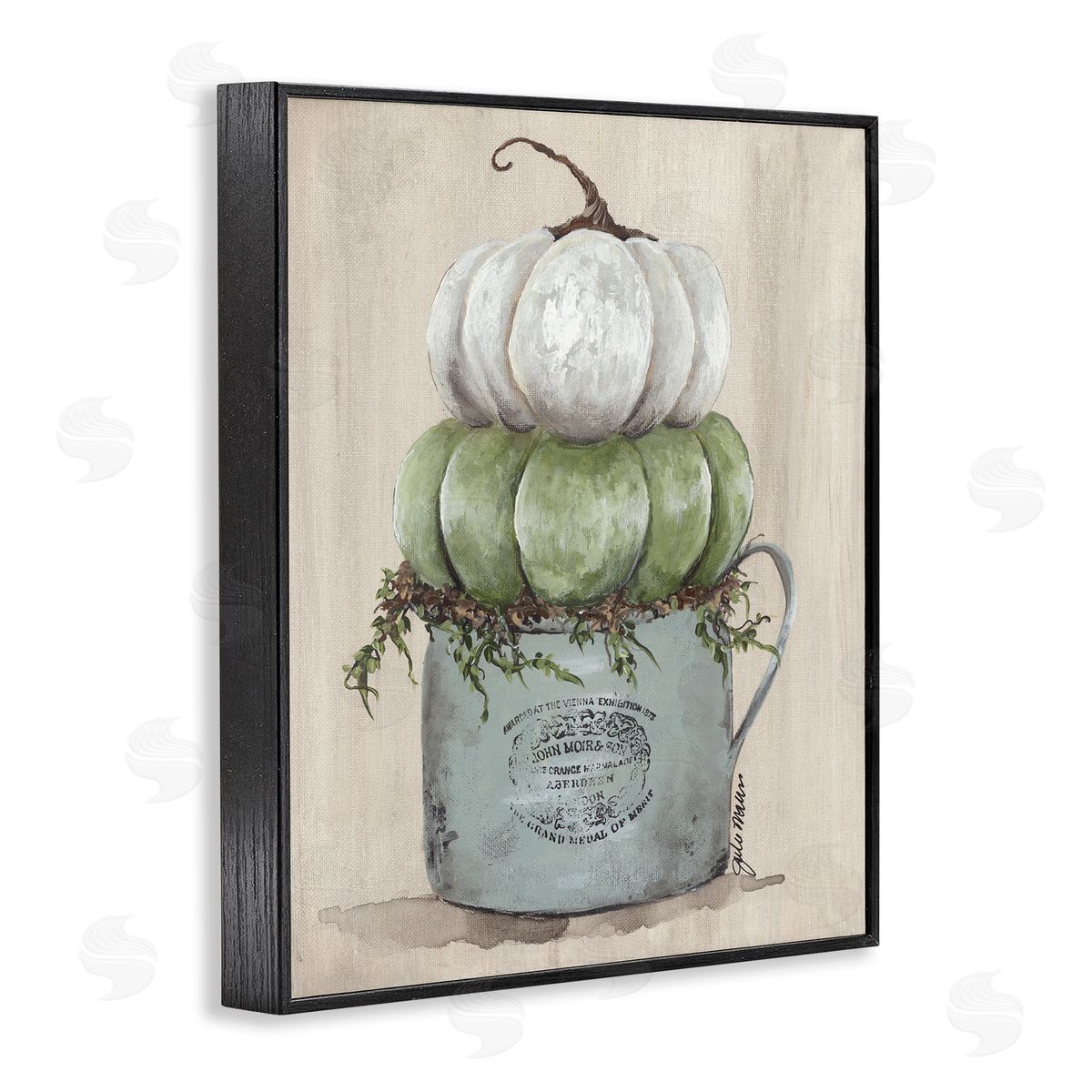 Julie Norkus Green White Harvest Pumpkins Country Jar Planter  Black Framed Giclee Wall Art Print