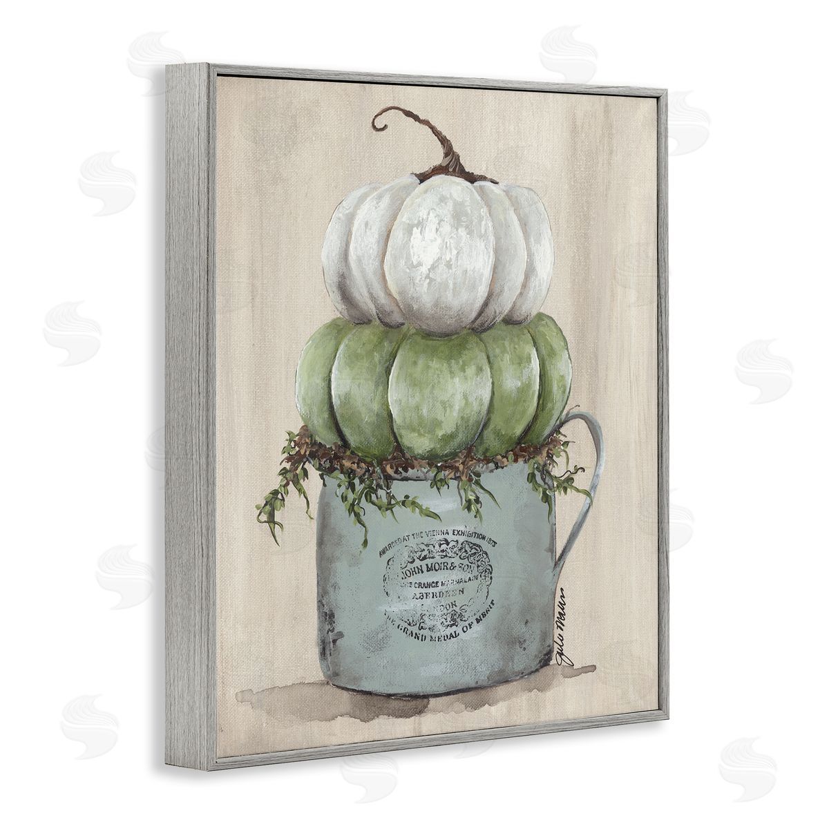 Julie Norkus Green White Harvest Pumpkins Country Jar Planter  Gray Framed Giclee Wall Art Print