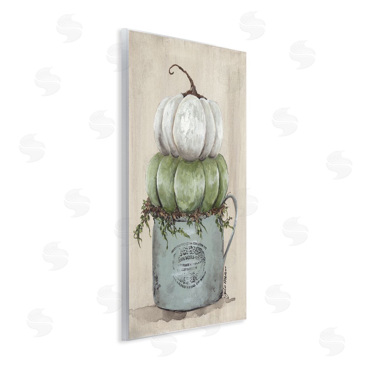 Julie Norkus Green White Harvest Pumpkins Country Jar Planter  Wall Plaque Art Print