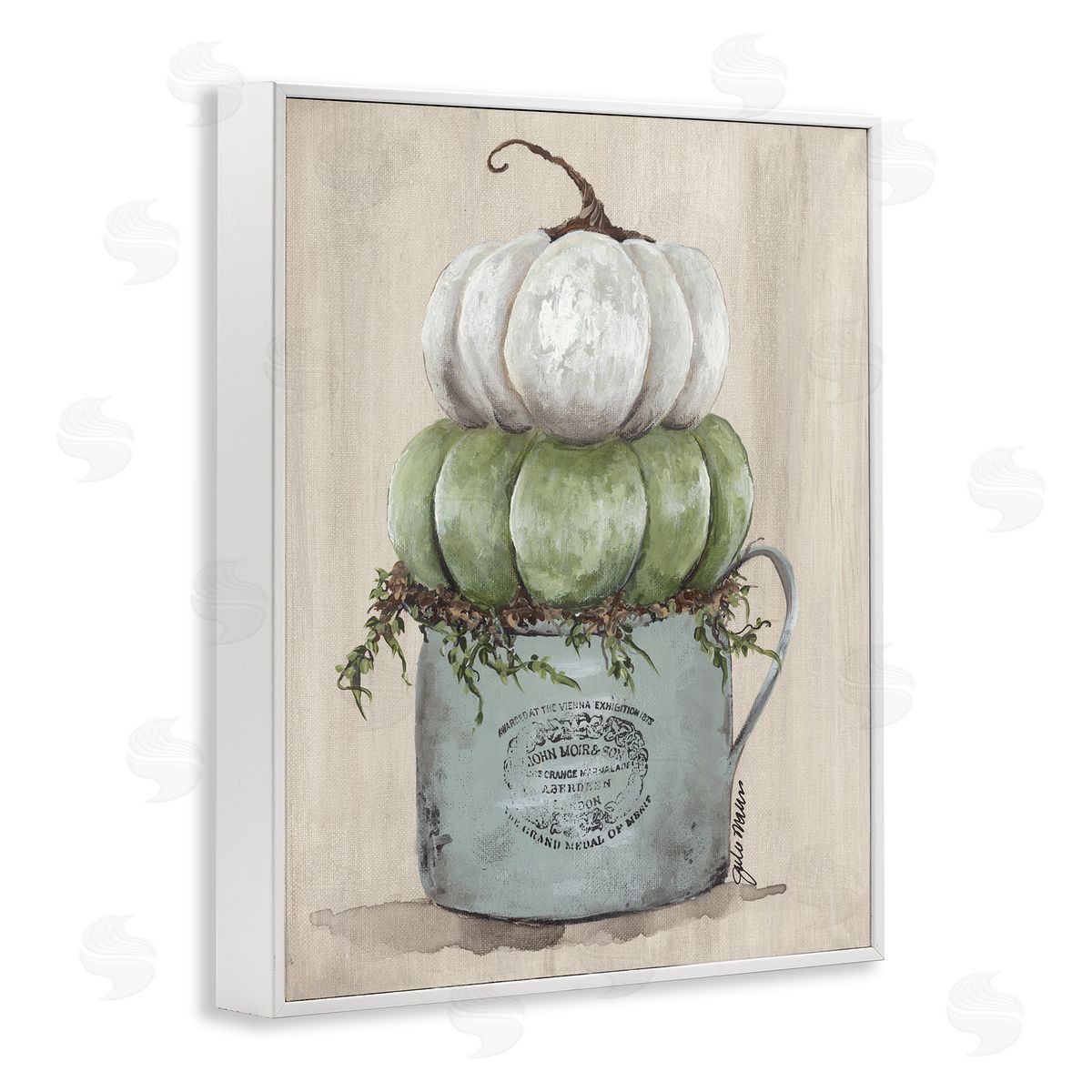 Julie Norkus Green White Harvest Pumpkins Country Jar Planter  White Framed Giclee Wall Art Print