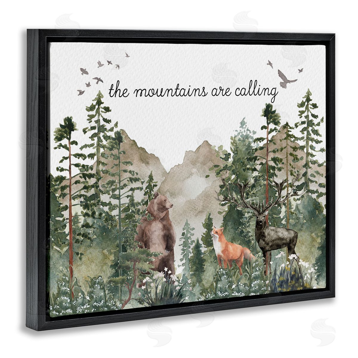 Amy Brinkman Mountains Are Calling Wilderness Animals Woodlands Trees  Black Floating Frame Canvas Wall Art Print