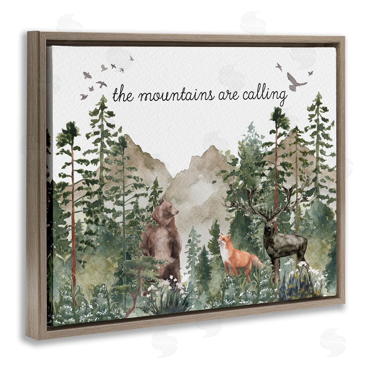 Amy Brinkman Mountains Are Calling Wilderness Animals Woodlands Trees  Brown Floating Frame Canvas Wall Art Print