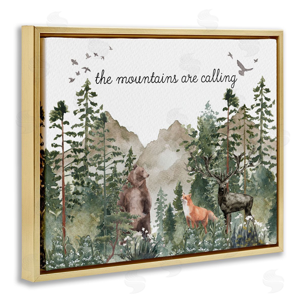 Amy Brinkman Mountains Are Calling Wilderness Animals Woodlands Trees  Gold Floating Frame Canvas Wall Art Print