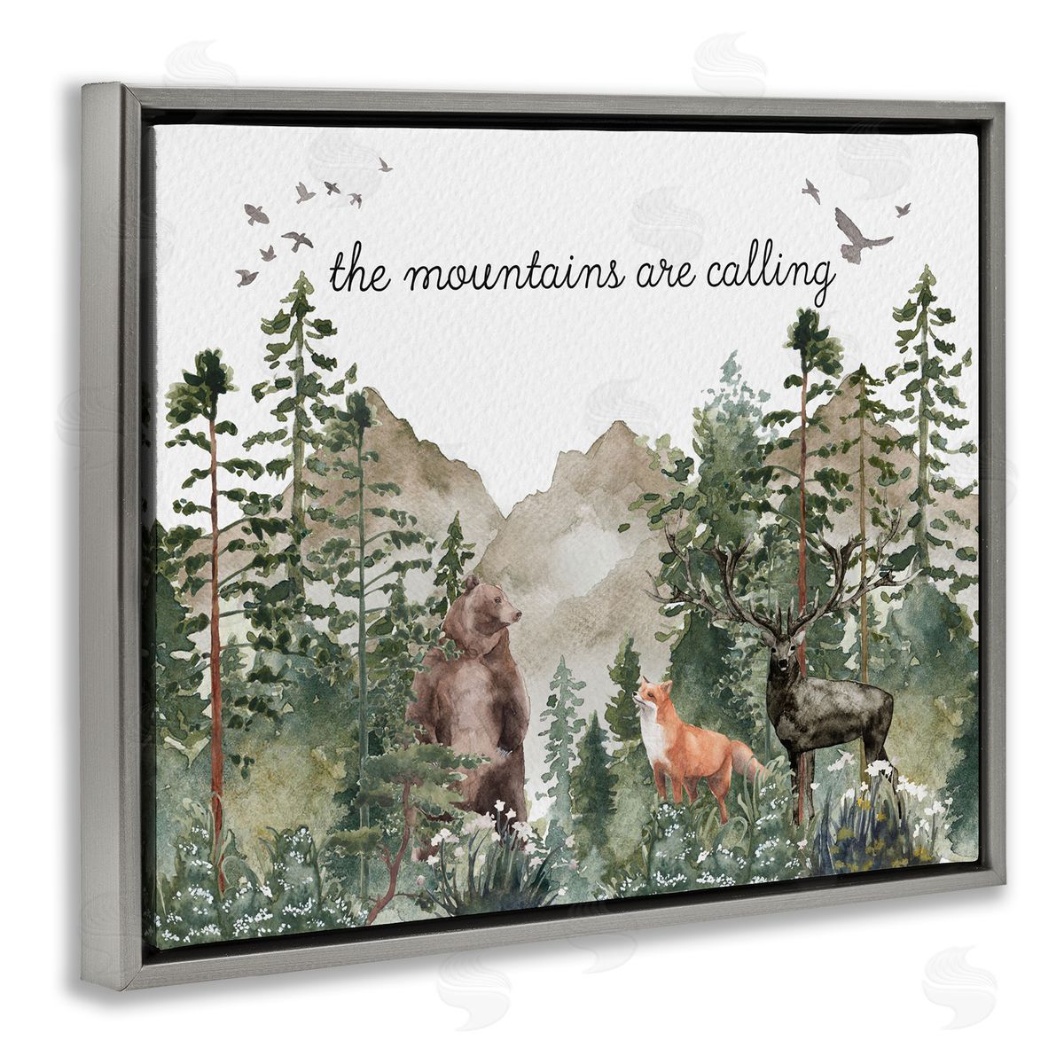 Amy Brinkman Mountains Are Calling Wilderness Animals Woodlands Trees  Gray Floating Frame Canvas Wall Art Print