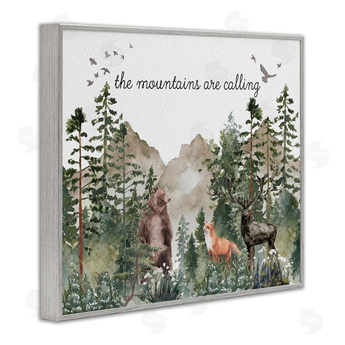 Amy Brinkman Mountains Are Calling Wilderness Animals Woodlands Trees  Gray Framed Giclee Wall Art Print