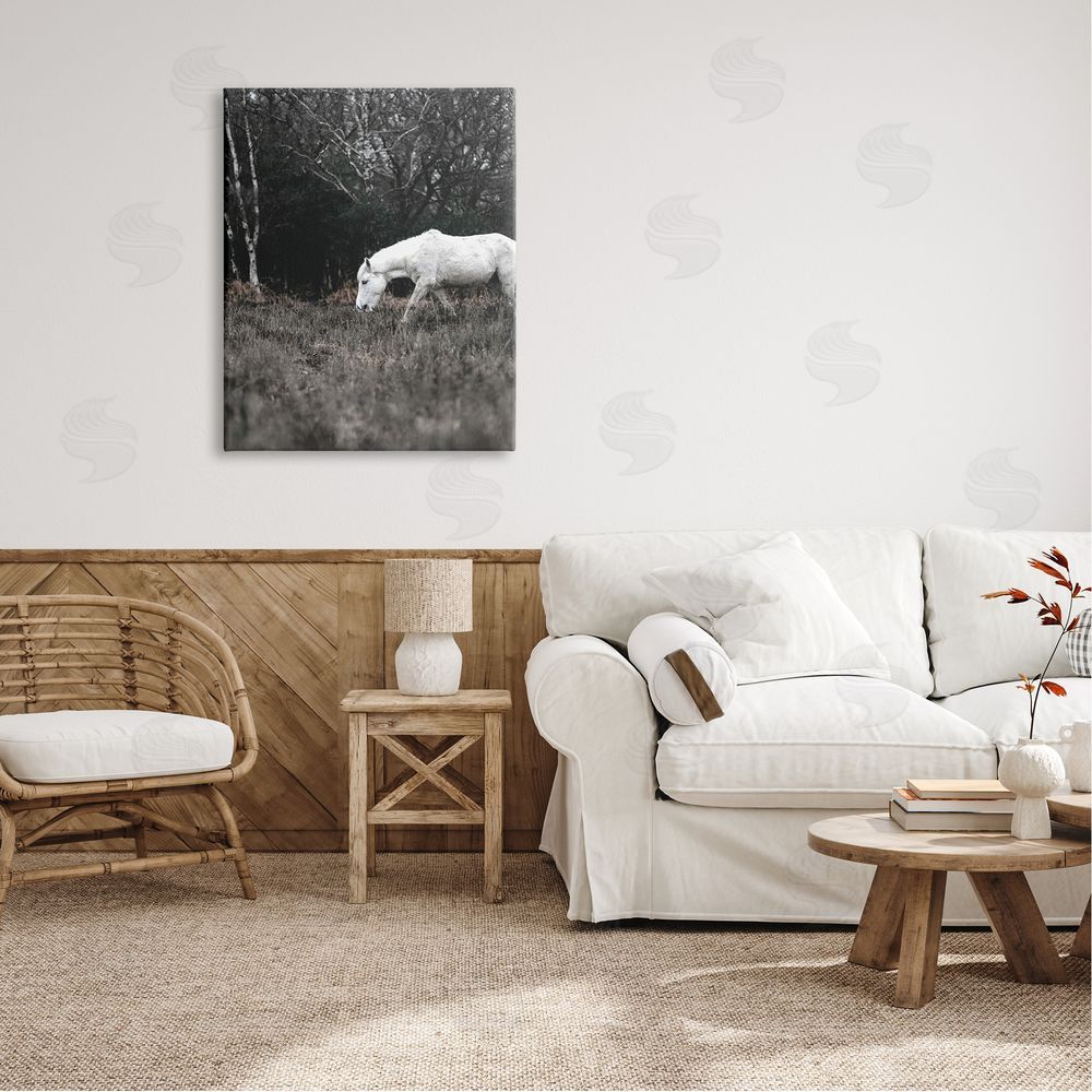 Amy Brinkman Rural Monochrome Meadow Trees White Horse Grazing  Canvas Wall Art Print in Room