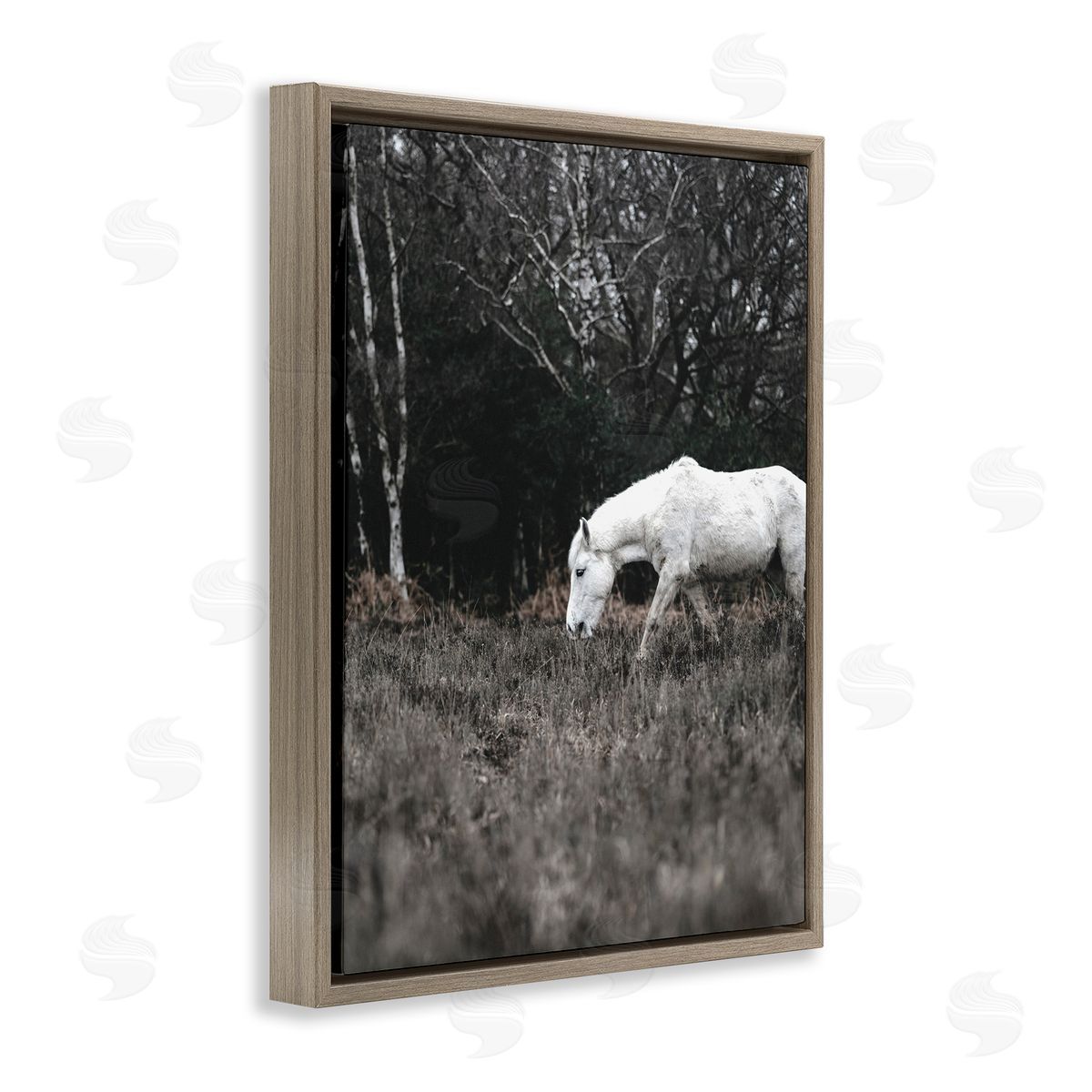 Amy Brinkman Rural Monochrome Meadow Trees White Horse Grazing  Brown Floating Frame Canvas Wall Art Print