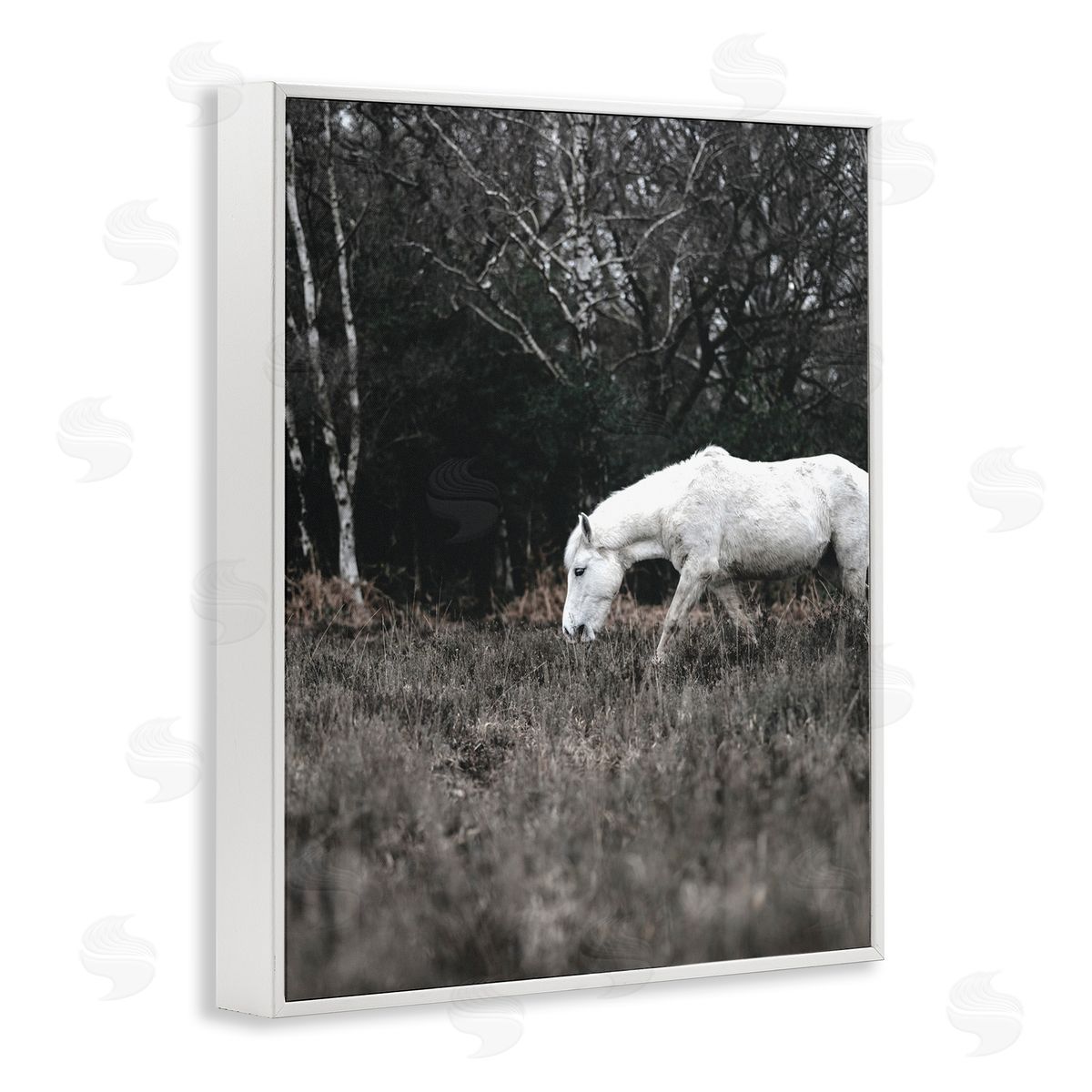 Amy Brinkman Rural Monochrome Meadow Trees White Horse Grazing  White Framed Giclee Wall Art Print