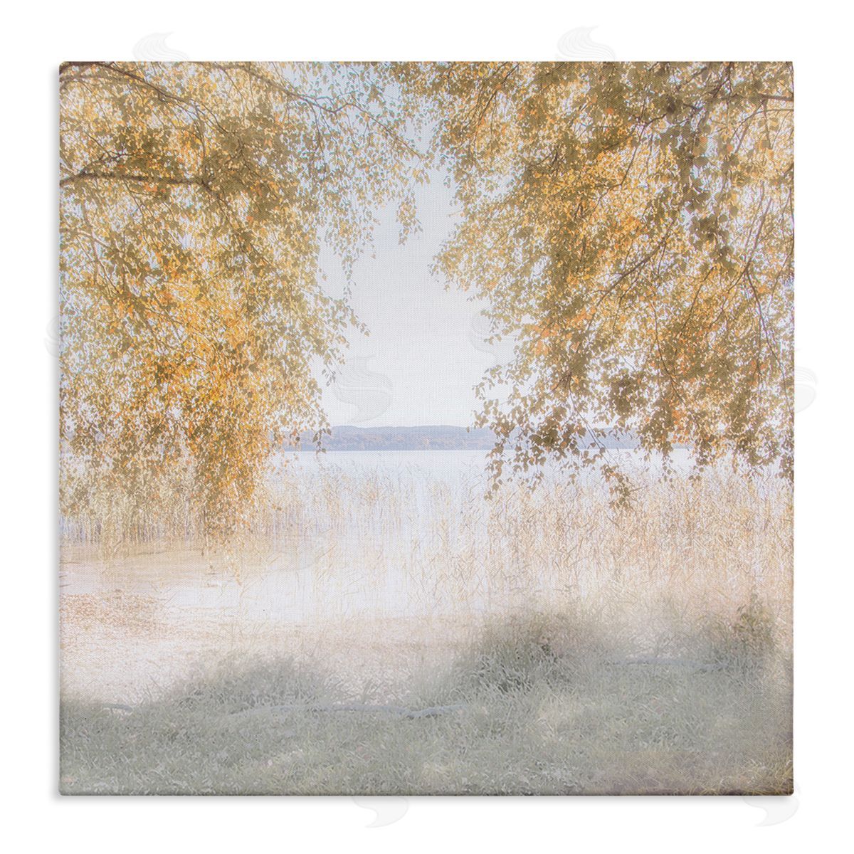Irene Weisz Lake Shore Yellow Foliage Trees Distant Mountains  Stretched Canvas Wall Art Print