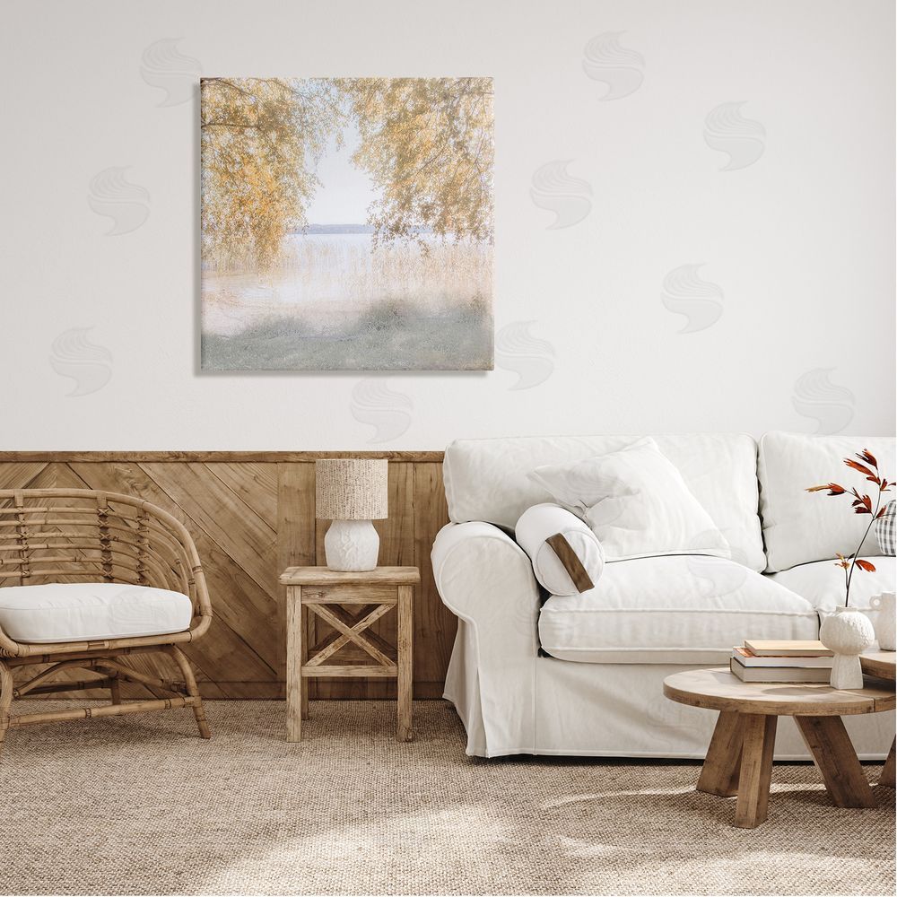 Irene Weisz Lake Shore Yellow Foliage Trees Distant Mountains  Canvas Wall Art in Room