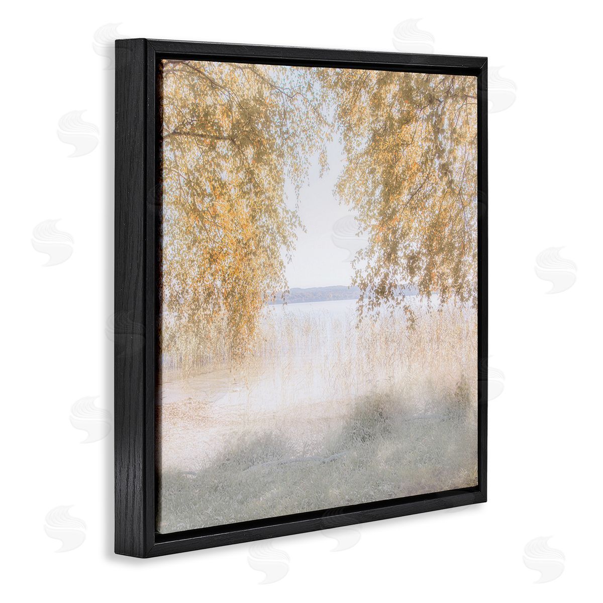 Irene Weisz Lake Shore Yellow Foliage Trees Distant Mountains  Black Floating Frame Canvas Wall Art Print