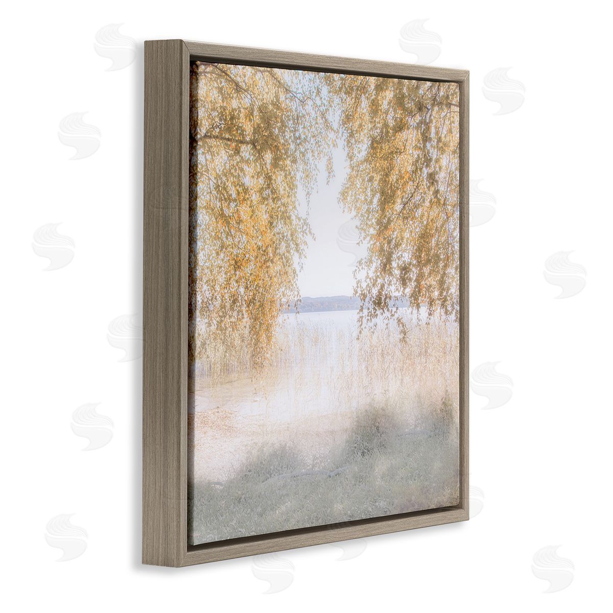 Irene Weisz Lake Shore Yellow Foliage Trees Distant Mountains  Brown Floating Frame Canvas Wall Art Print