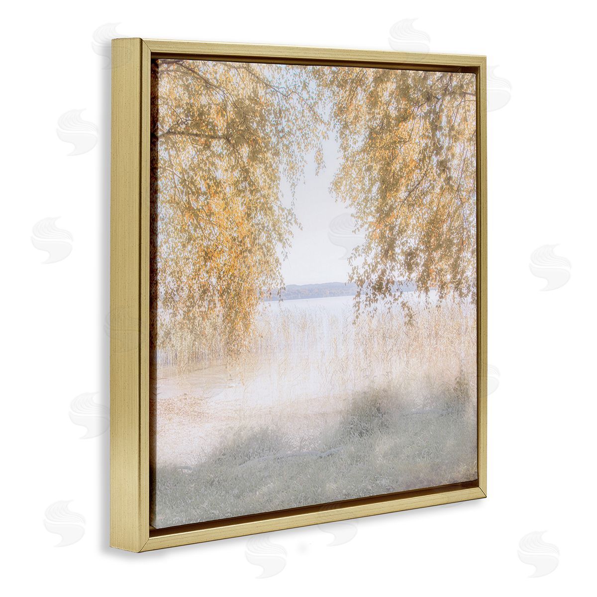 Irene Weisz Lake Shore Yellow Foliage Trees Distant Mountains  Gold Floating Frame Canvas Wall Art Print