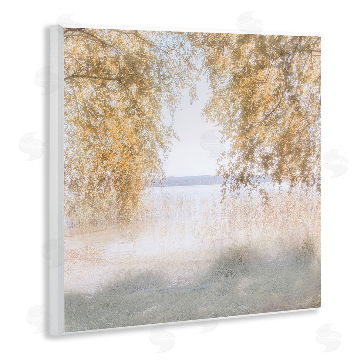 Irene Weisz Lake Shore Yellow Foliage Trees Distant Mountains  Wooden Wall Plaque Art Print