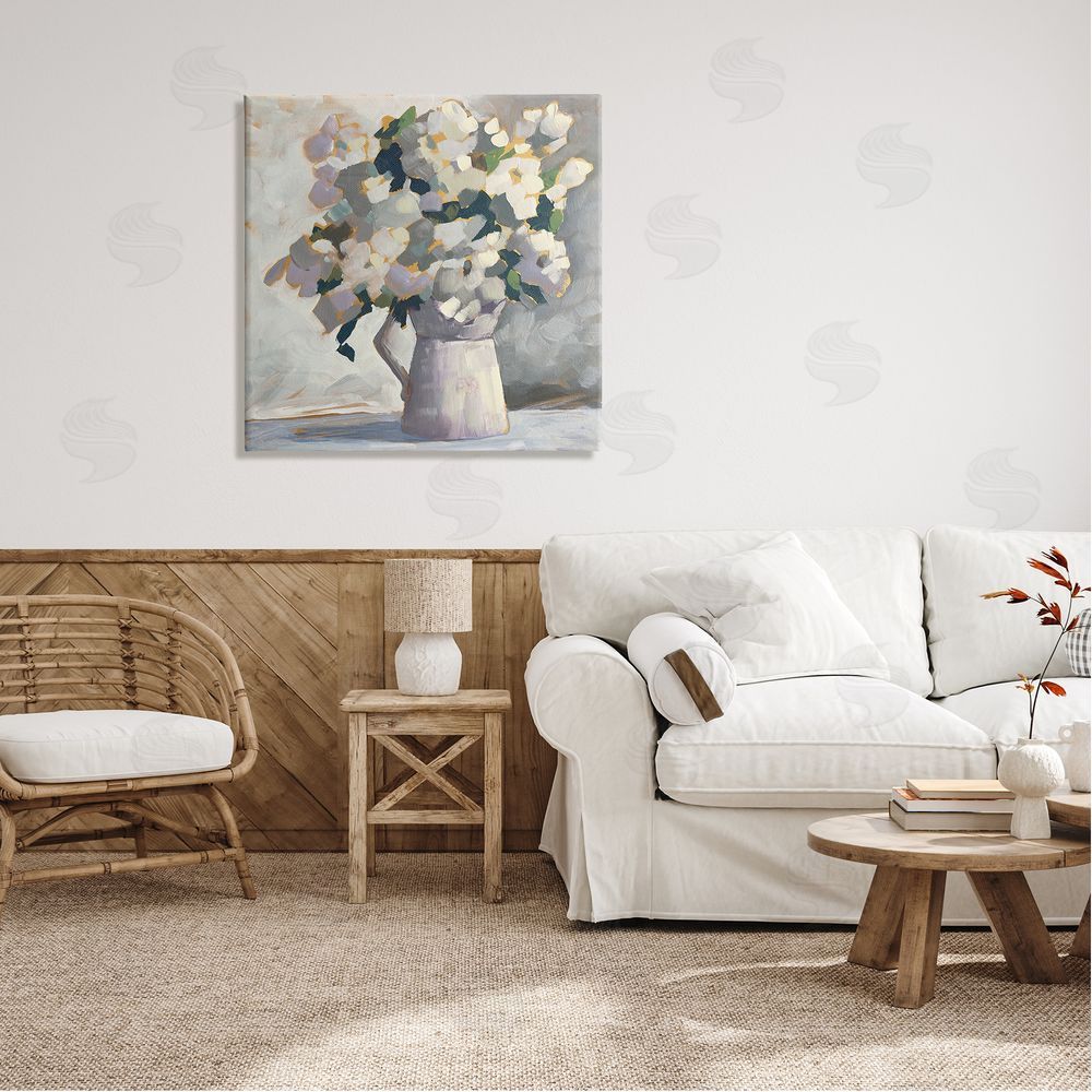 Sue Riger Classic White Flower Arrangement Abstract Petals Bouquet Canvas Wall Art in Room