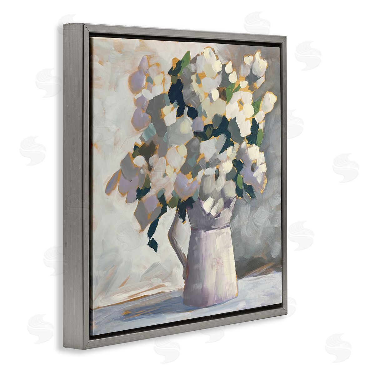 Sue Riger Classic White Flower Arrangement Abstract Petals Bouquet Gray Floating Frame Canvas Wall Art Print