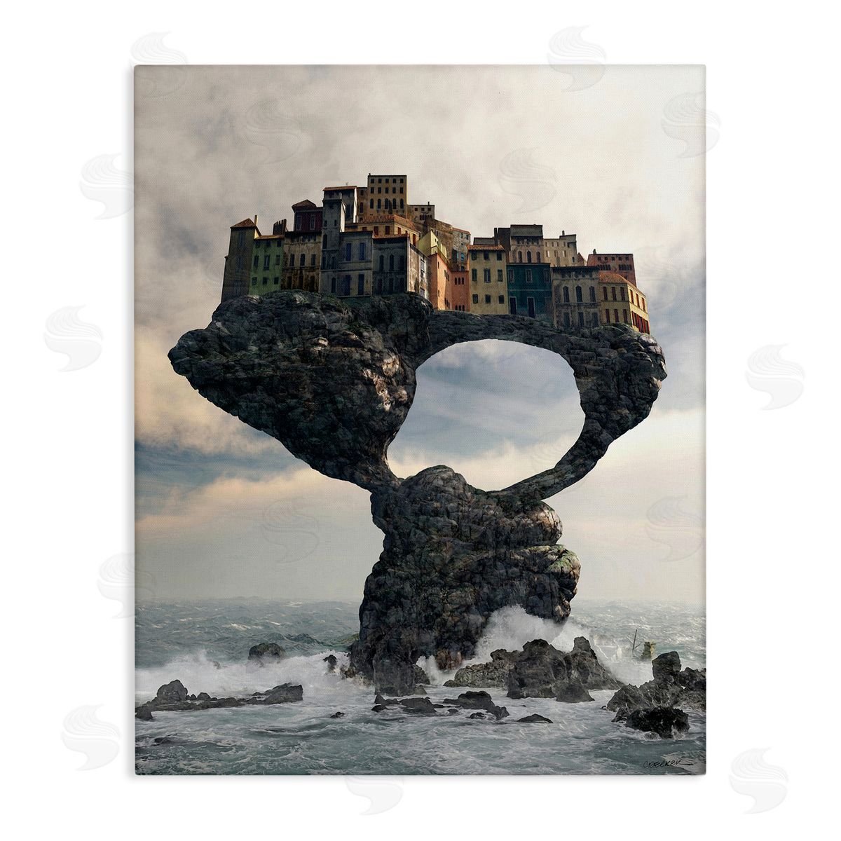 Cynthia Decker Surreal City Atop Rocks Cliff Sea Waves Splashing  Stretched Canvas Wall Art Print