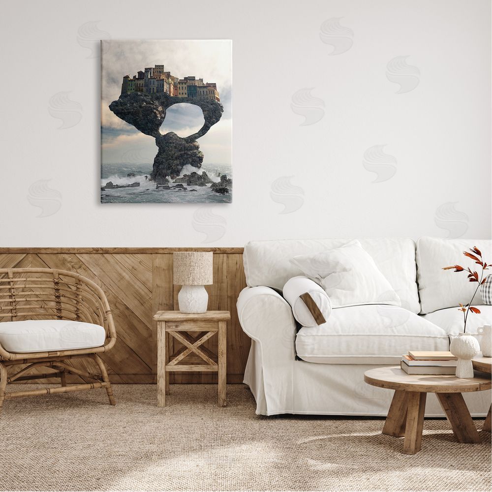 Cynthia Decker Surreal City Atop Rocks Cliff Sea Waves Splashing  Canvas Wall Art Print in Room