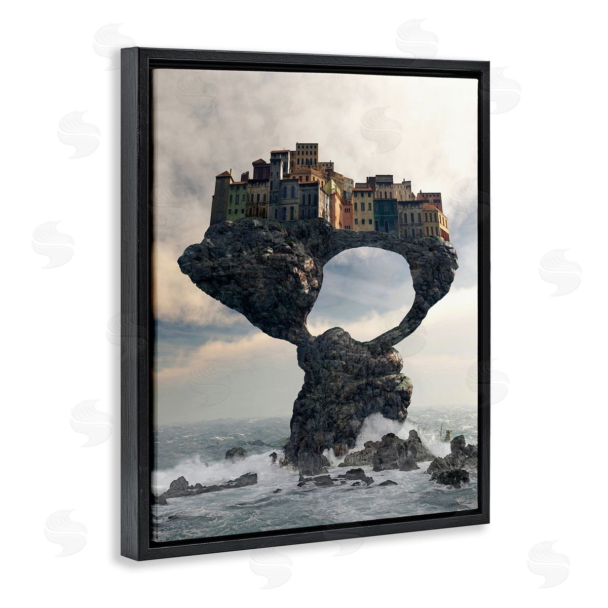 Cynthia Decker Surreal City Atop Rocks Cliff Sea Waves Splashing  Black Floating Frame Canvas Wall Art Print