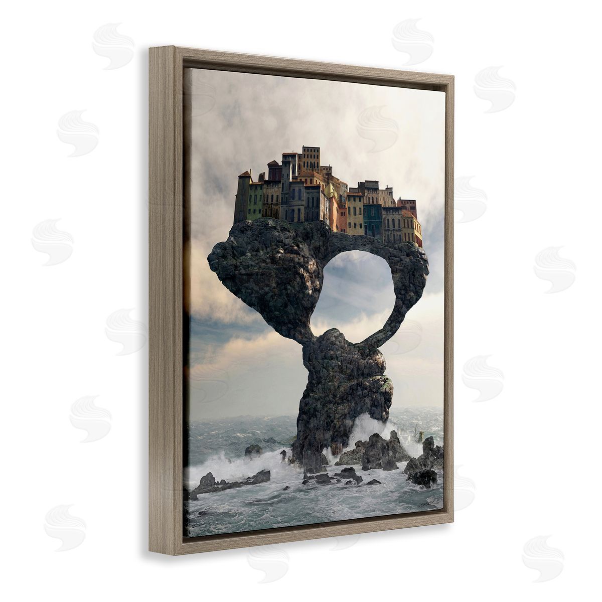 Cynthia Decker Surreal City Atop Rocks Cliff Sea Waves Splashing  Brown Floating Frame Canvas Wall Art Print