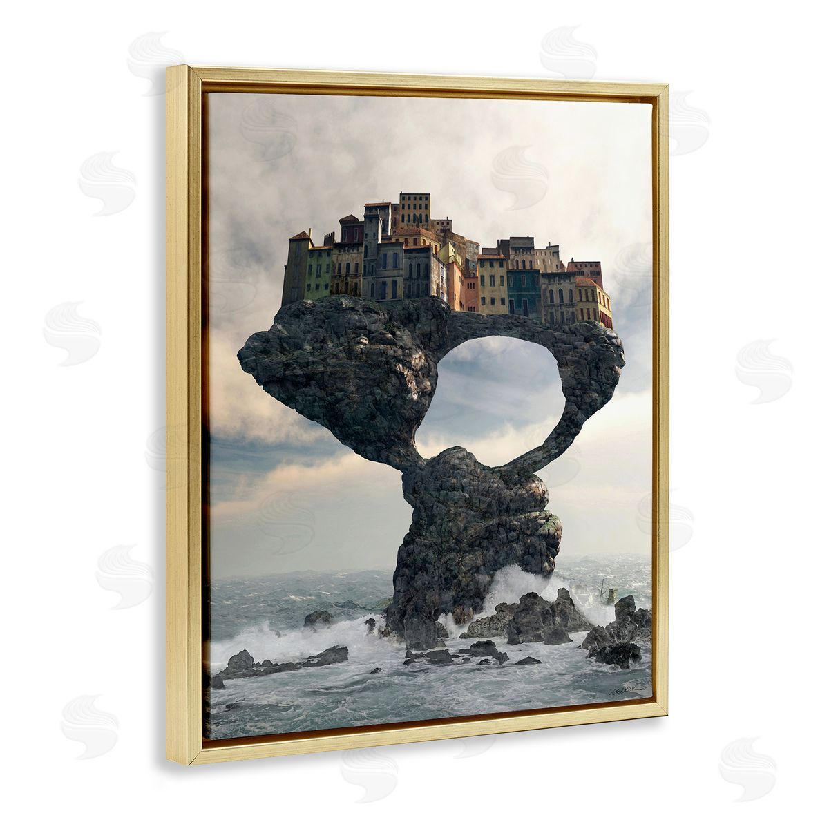 Cynthia Decker Surreal City Atop Rocks Cliff Sea Waves Splashing  Gold Floating Frame Canvas Wall Art Print