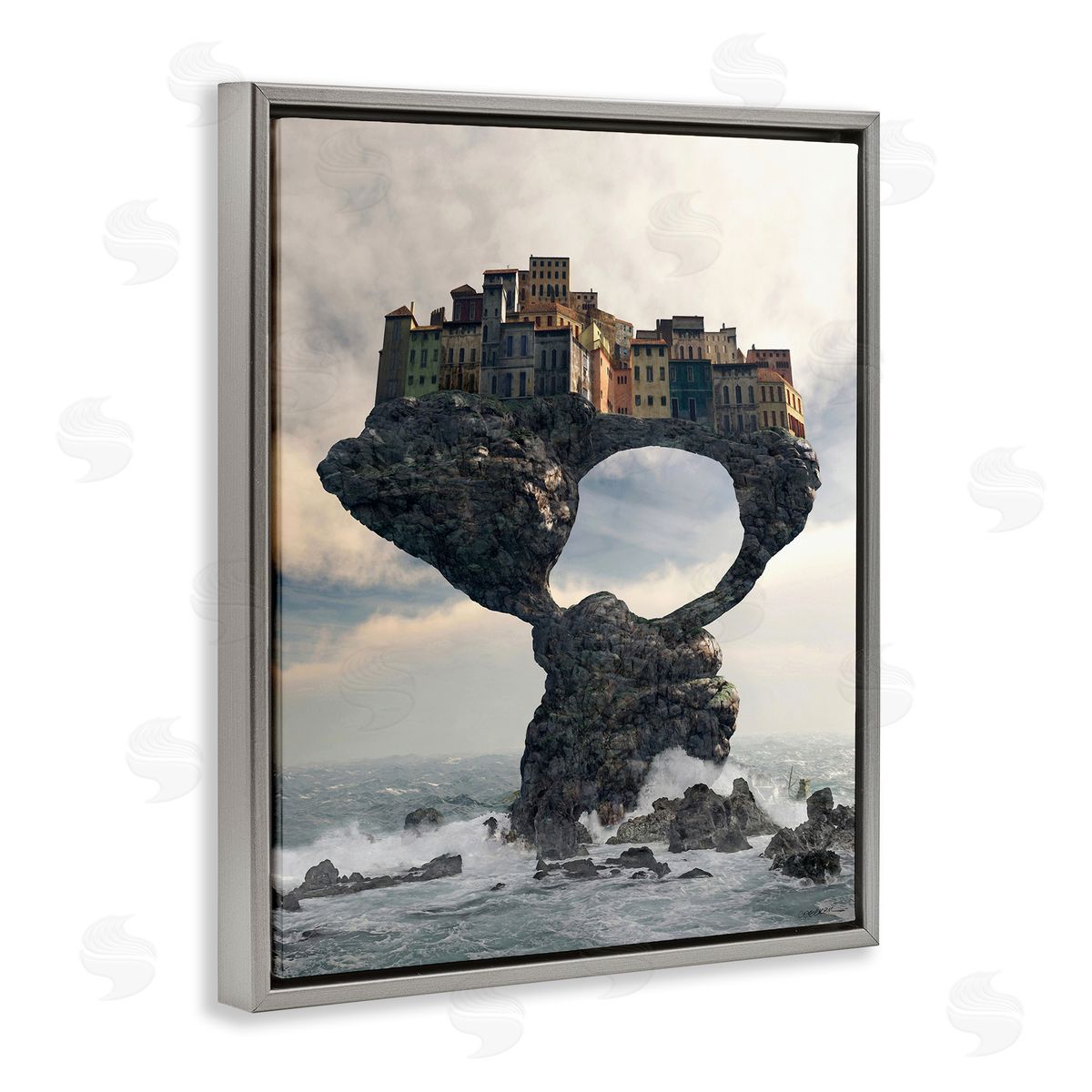 Cynthia Decker Surreal City Atop Rocks Cliff Sea Waves Splashing  Gray Floating Frame Canvas Wall Art Print