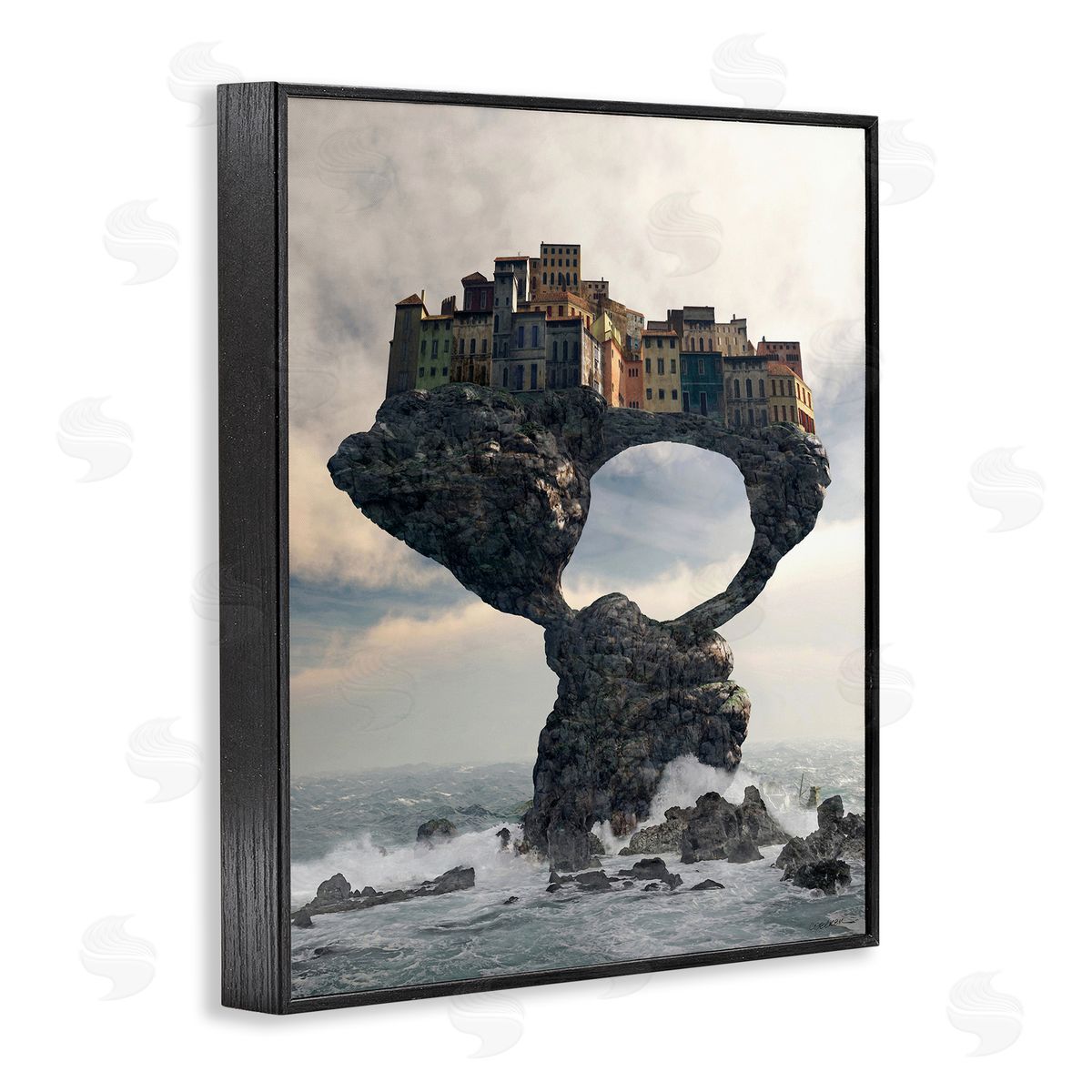 Cynthia Decker Surreal City Atop Rocks Cliff Sea Waves Splashing  Black Framed Giclee Wall Art Print