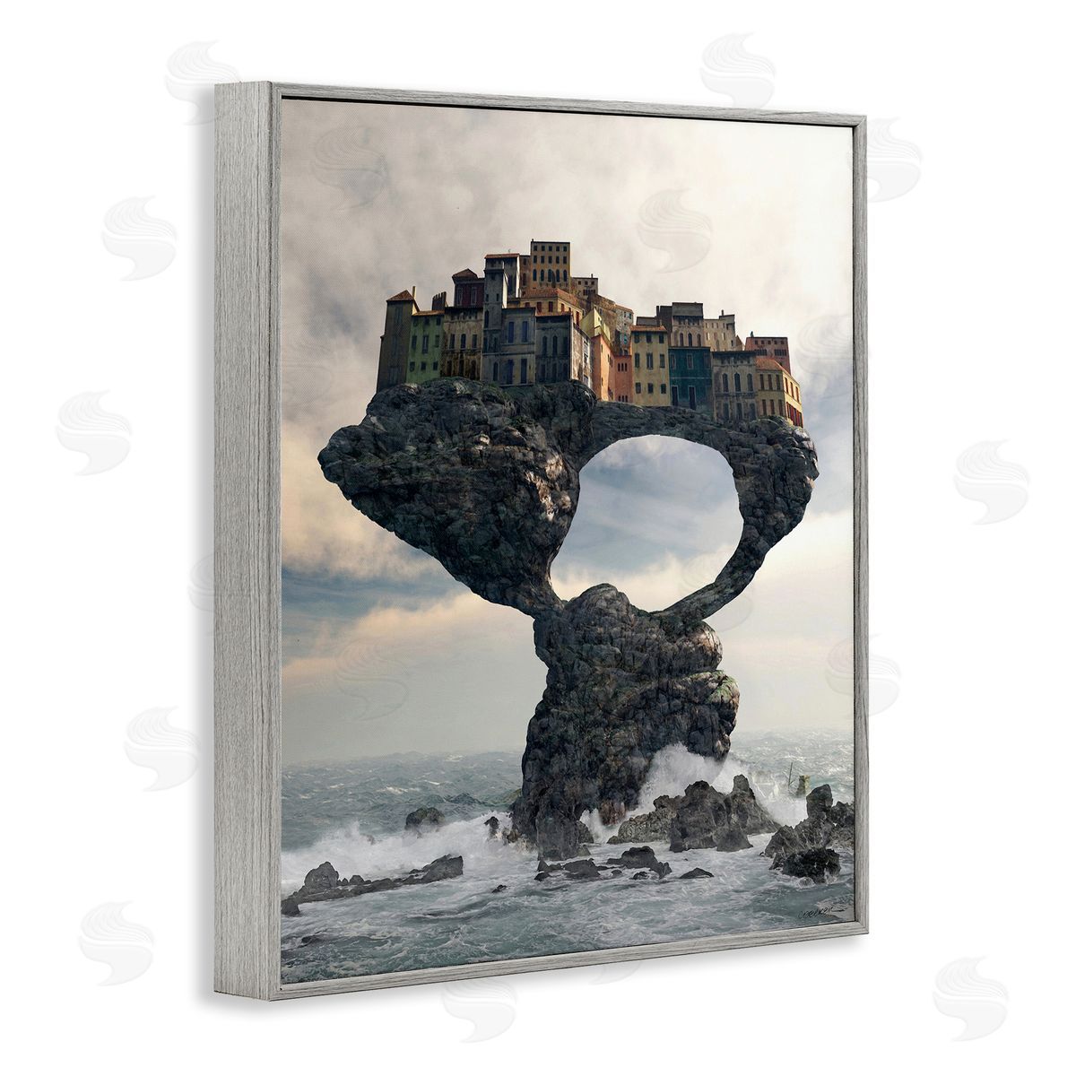 Cynthia Decker Surreal City Atop Rocks Cliff Sea Waves Splashing  Gray Framed Giclee Wall Art Print
